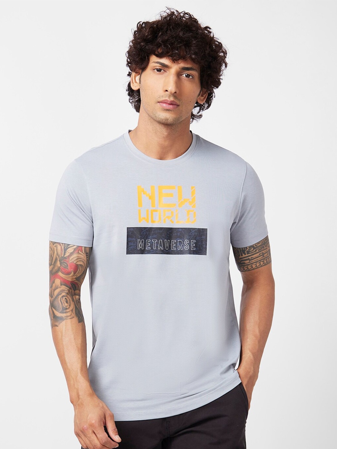 

SPYKAR Typography Printed Slim Fit Cotton T-Shirt, Grey