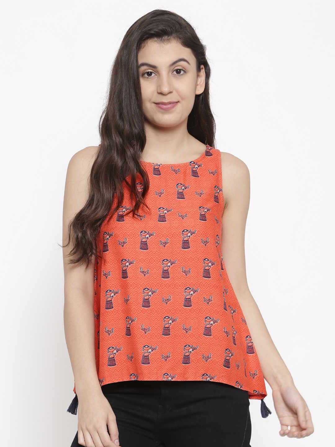 

Global Desi Women Coral Red Printed Top
