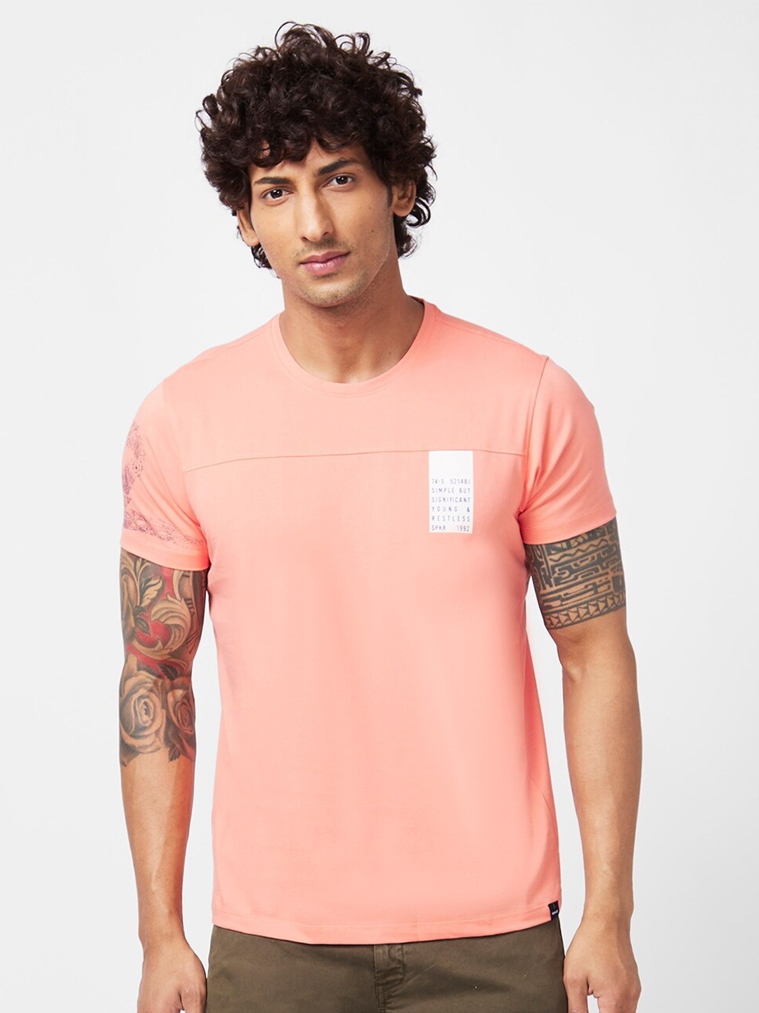 

SPYKAR Typography Printed Slim Fit Cotton Casual T-Shirt, Peach
