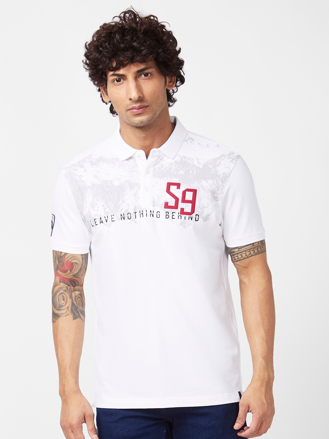 SPYKAR Typography Printed Polo Collar Slim Fit Cotton Casual T-Shirt, White