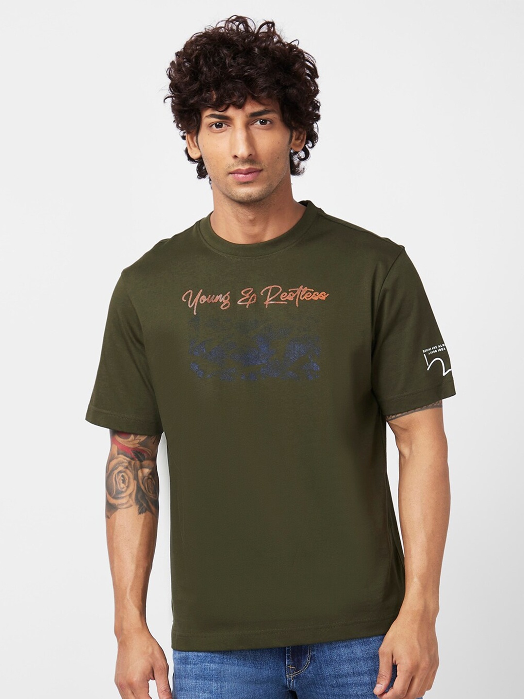 

SPYKAR Typography Printed Polo Collar Slim Fit Cotton Casual T-Shirt, Olive