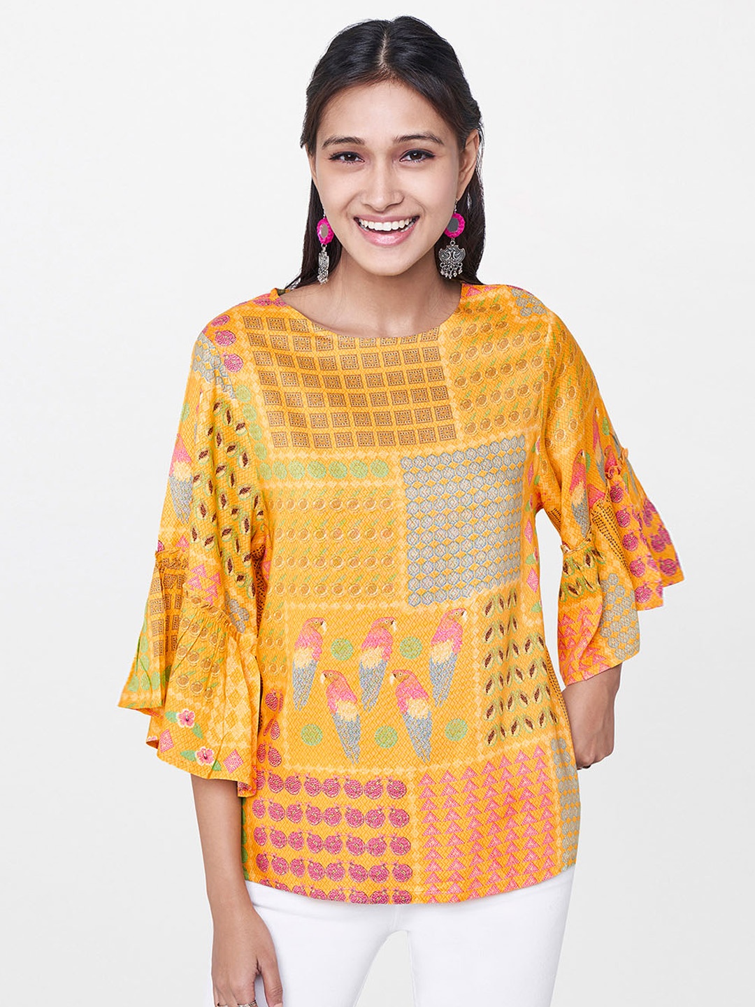 

Global Desi Women Yellow Printed Flared Sleeves Round Neck Top