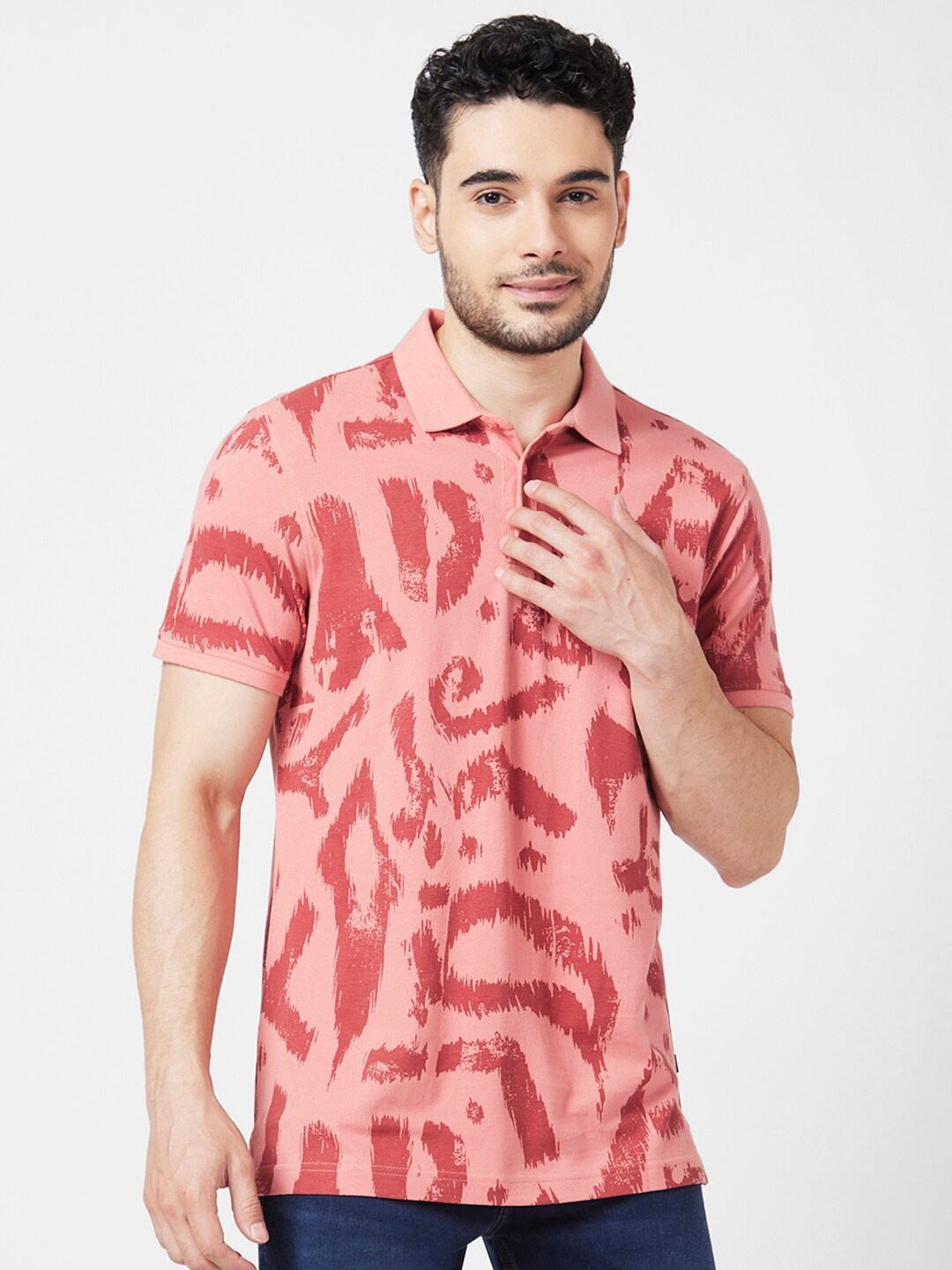 

SPYKAR Abstract Printed Polo Collar Slim Fit Cotton Casual T-Shirt, Pink