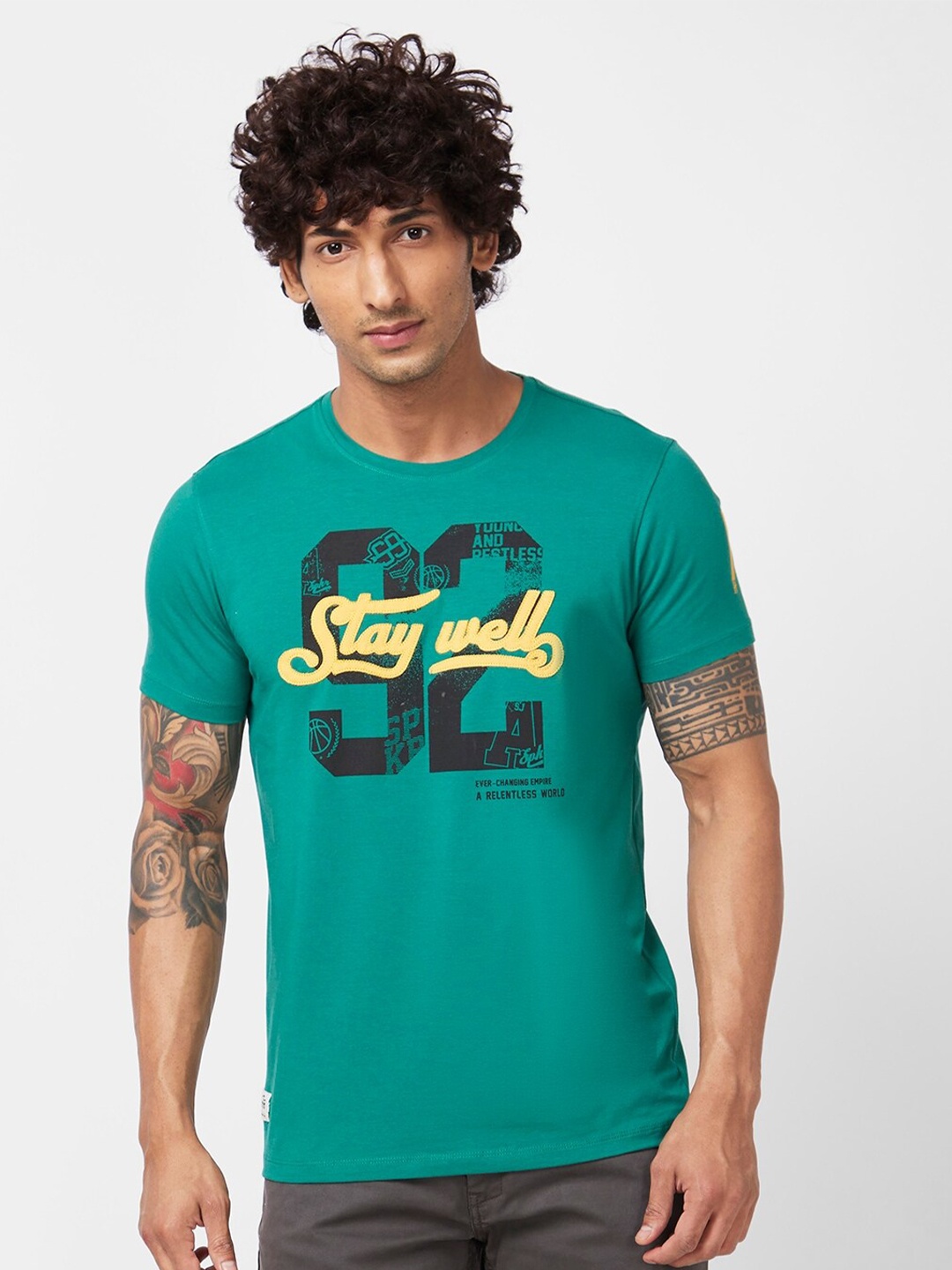 

SPYKAR Varsity Printed Slim Fit Cotton Casual T-Shirt, Green