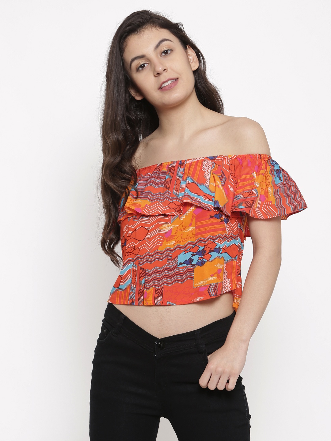 

Global Desi Women Orange Printed Bardot Top
