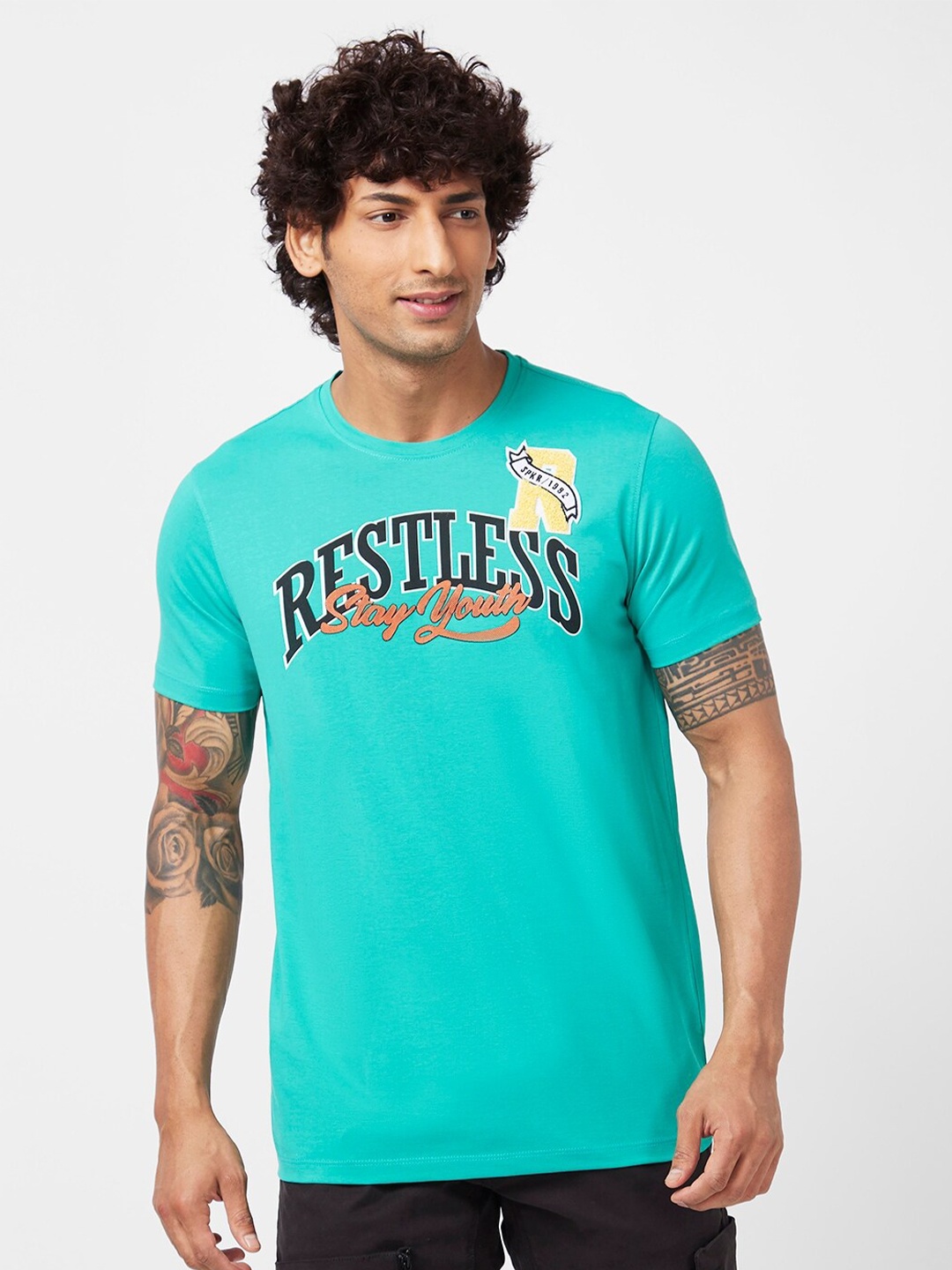 

SPYKAR Typography Printed Slim Fit Cotton Casual T-Shirt, Turquoise blue
