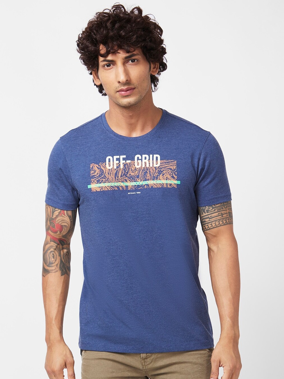 

SPYKAR Typography Printed Slim Fit Cotton Casual T-Shirt, Blue