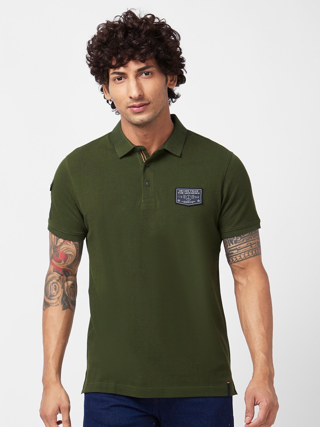 

SPYKAR Polo Collar Applique Slim Fit Cotton Casual T-Shirt, Olive