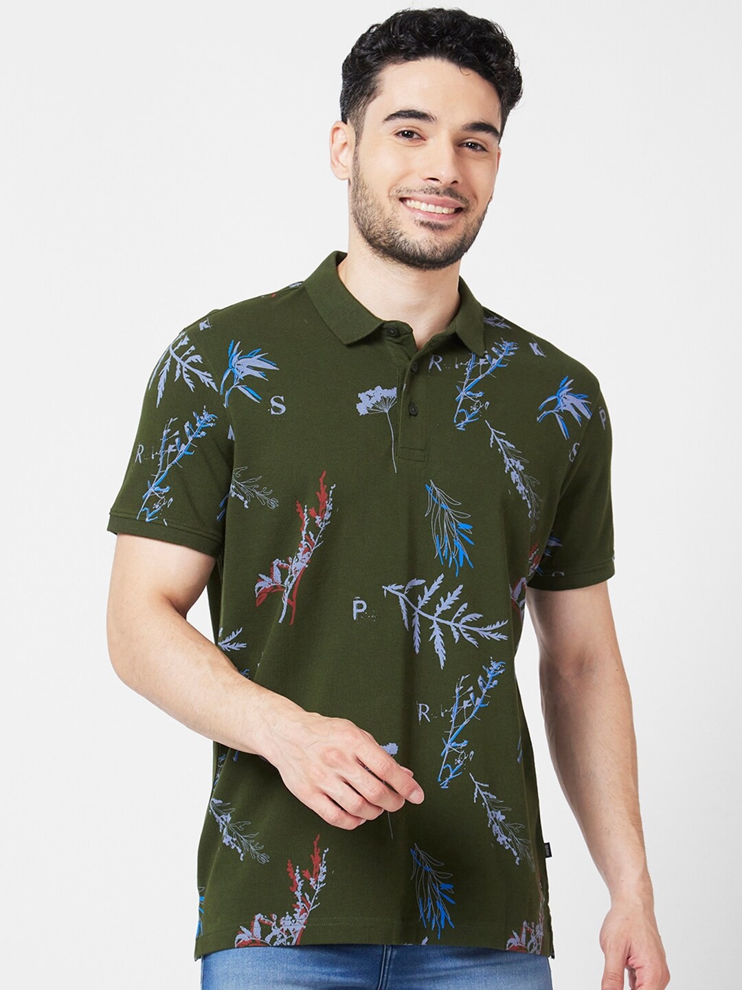 

SPYKAR Graphic Printed Polo Collar Slim Fit Cotton Casual T-Shirt, Olive