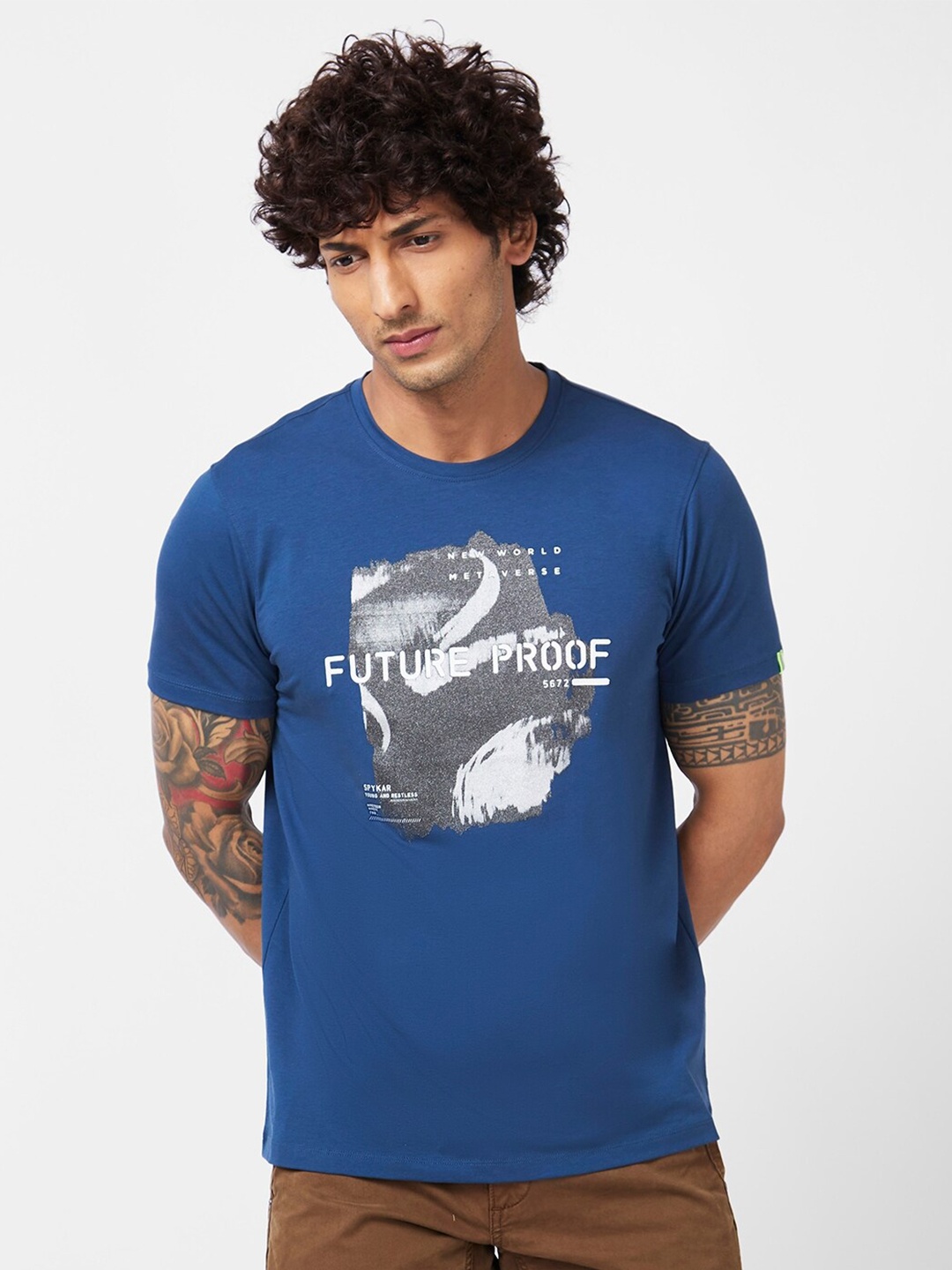 

SPYKAR Graphic Printed Slim Fit Cotton Casual T-Shirt, Blue