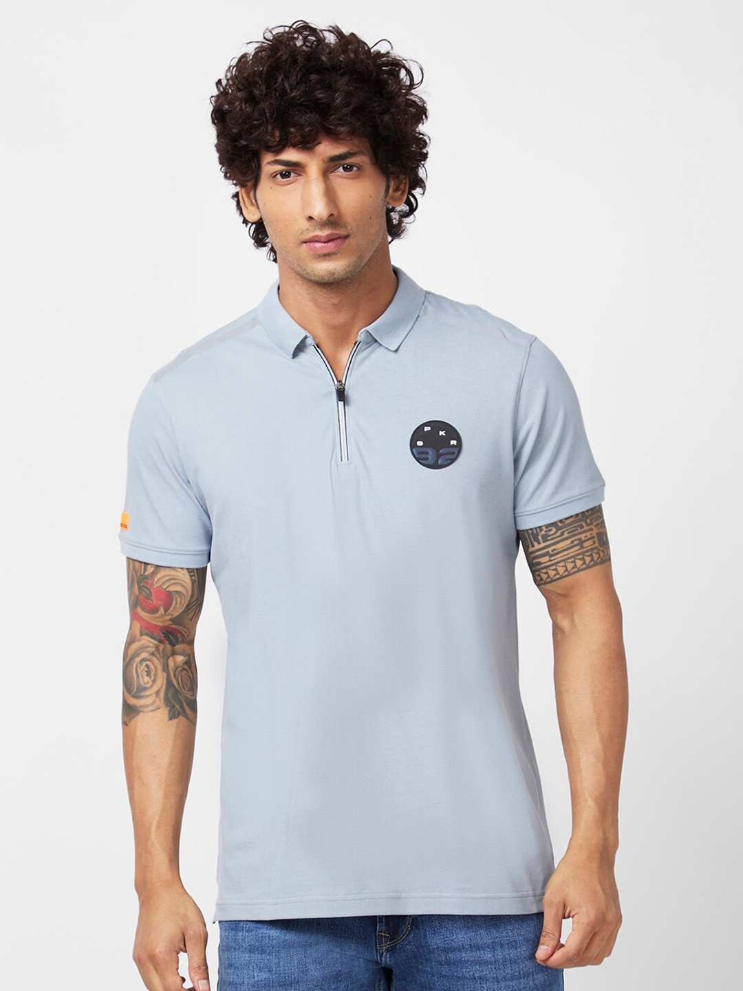 

SPYKAR Polo Collar Applique Slim Fit Cotton Casual T-Shirt, Grey
