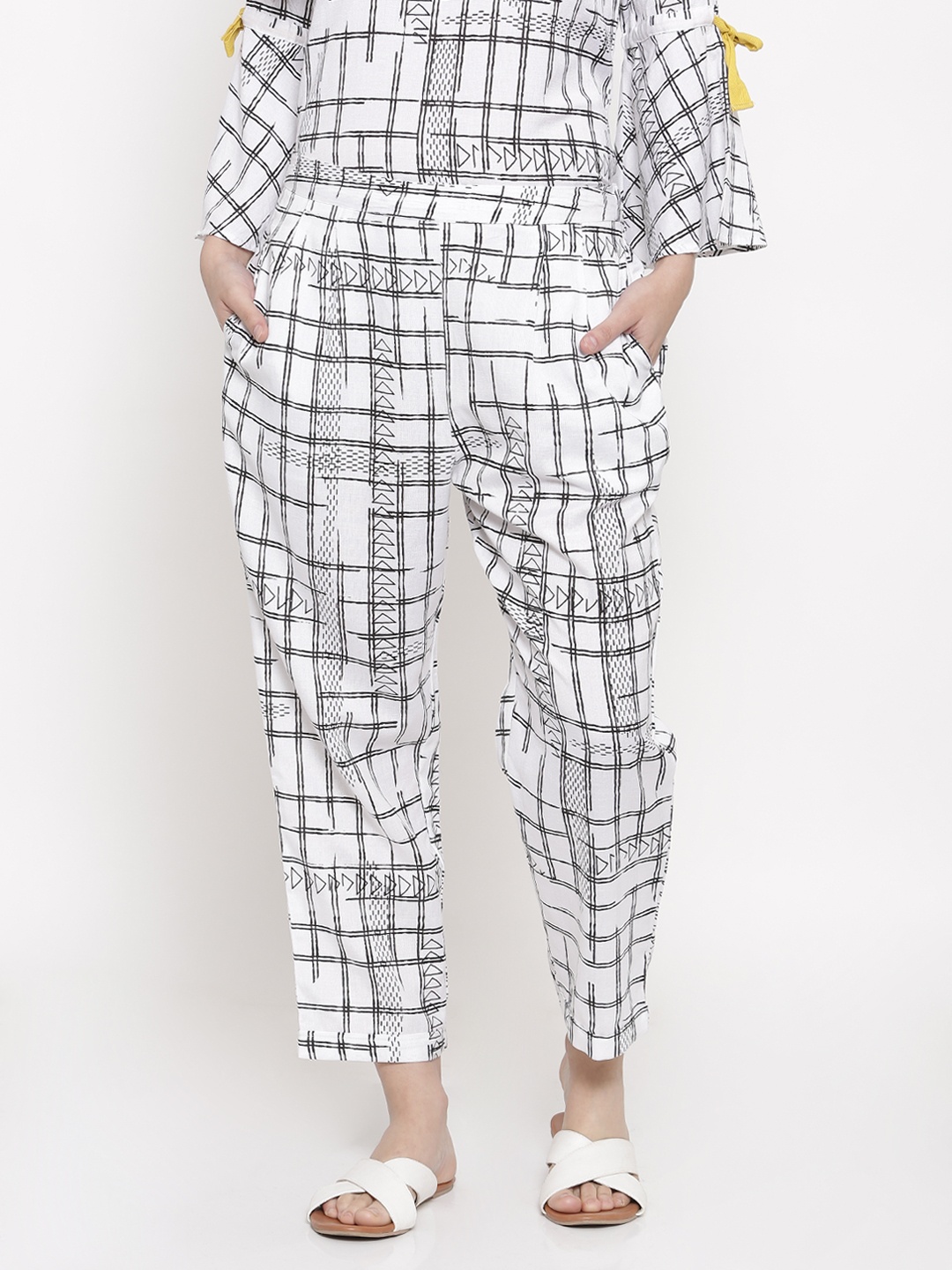

Global Desi Women White & Black Original Regular Fit Printed Regular Trousers