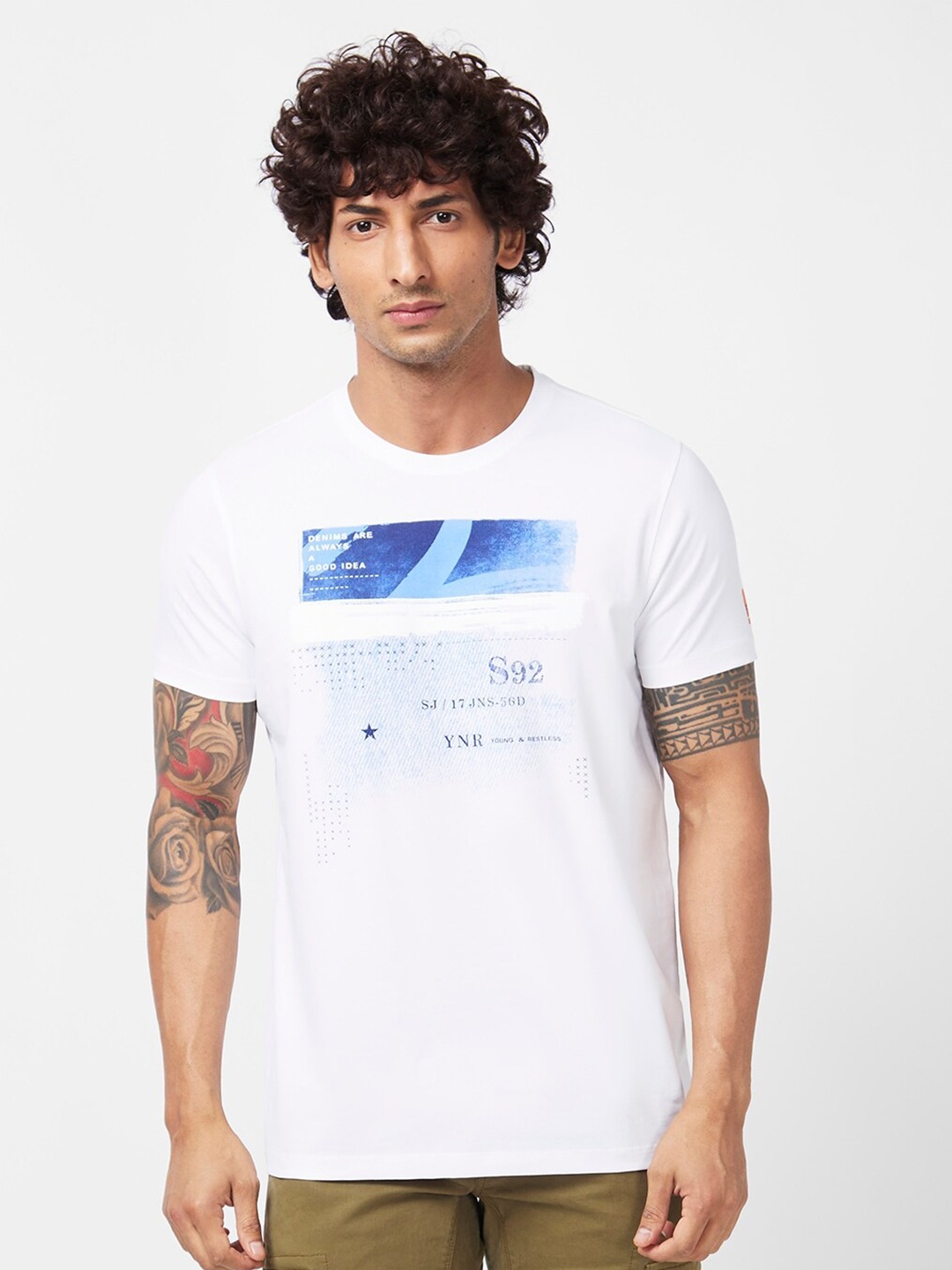 SPYKAR Graphic Printed Slim Fit Cotton Casual T-Shirt, White