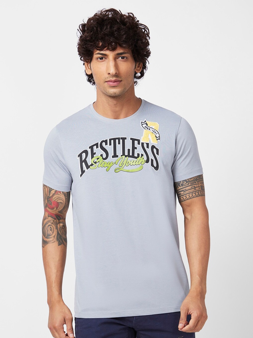 SPYKAR Typography Printed Slim Fit Cotton Casual T-Shirt, Grey