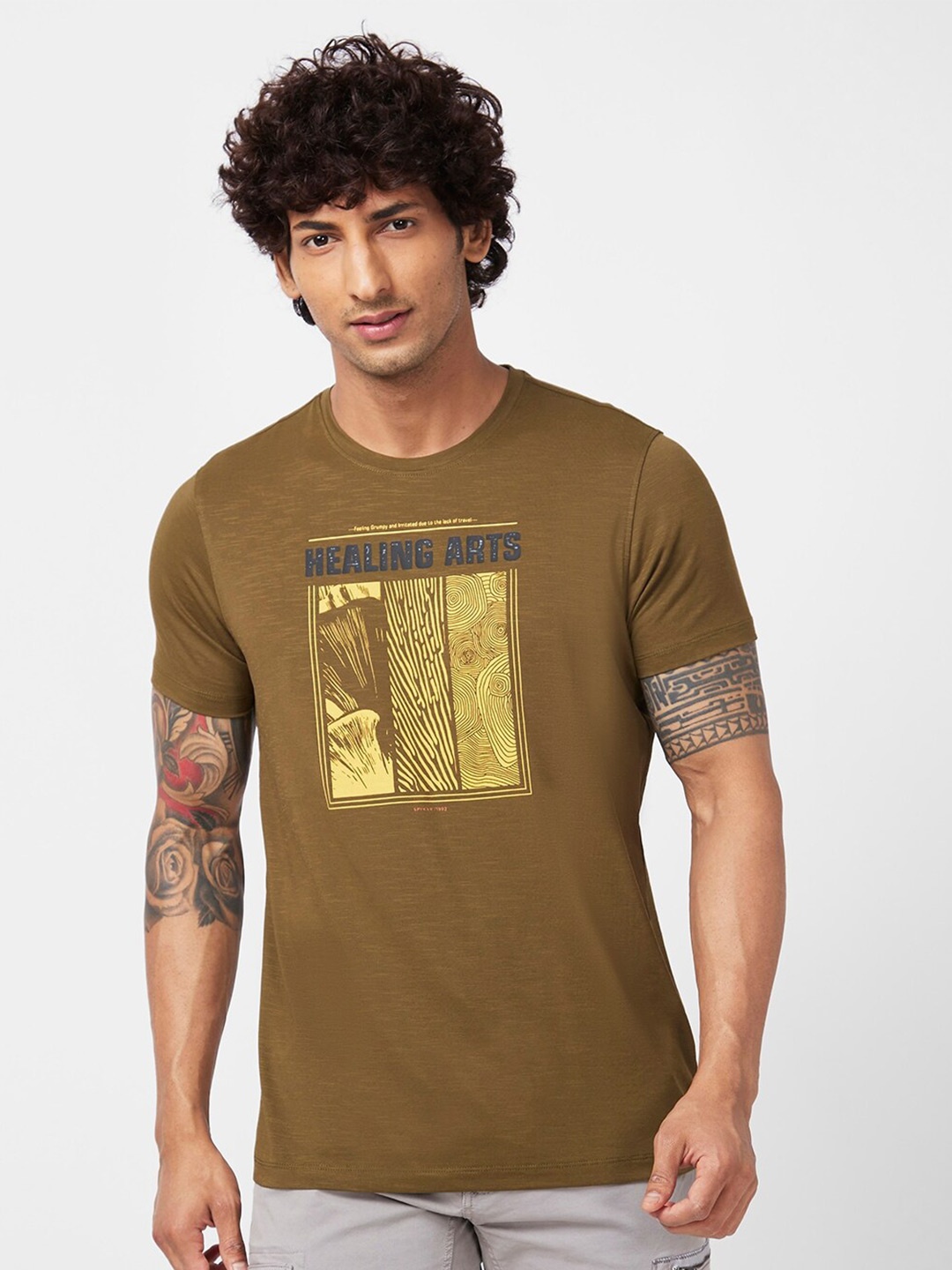 SPYKAR Graphic Printed Slim Fit Cotton Casual T-Shirt, Olive