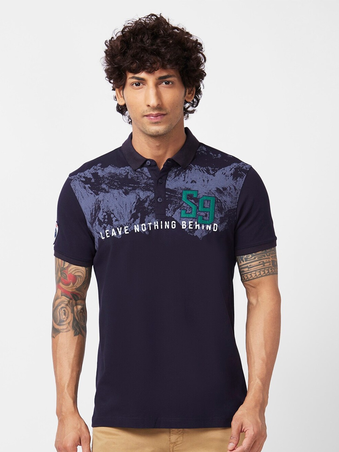 

SPYKAR Graphic Printed Polo Collar Applique Slim Fit Cotton Casual T-shirt, Blue