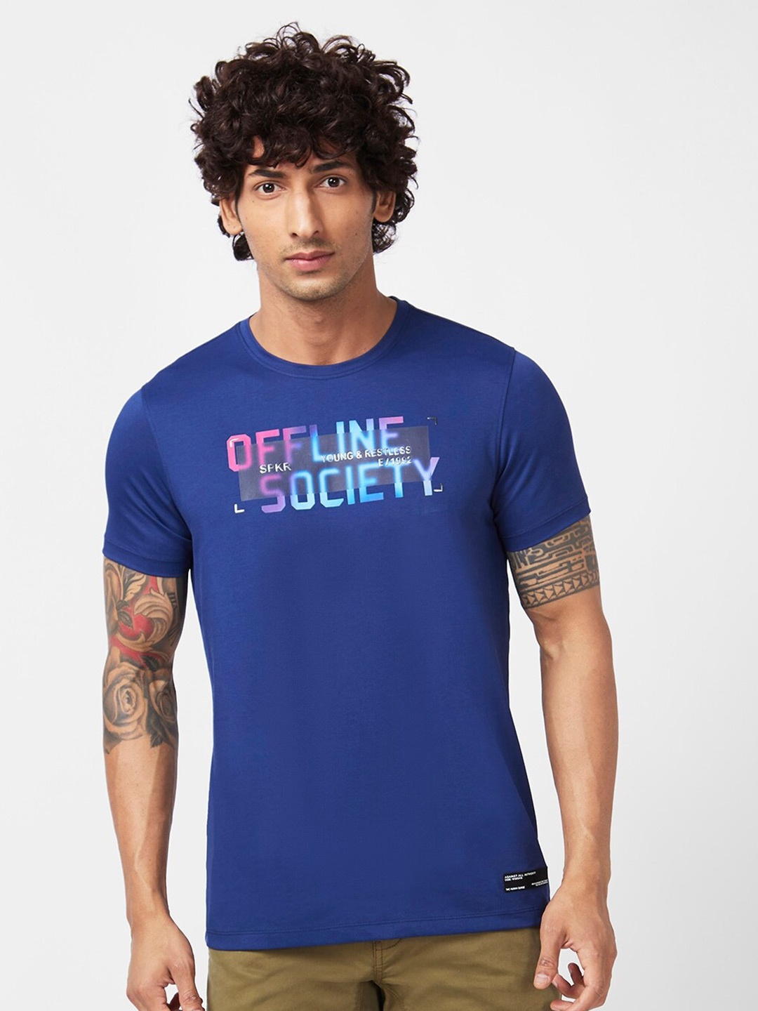 

SPYKAR Typography Printed Slim Fit Cotton Casual T-Shirt, Blue