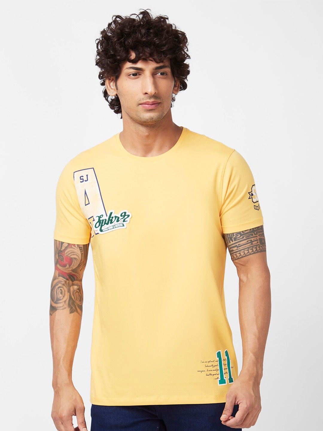 

SPYKAR Typography Printed Slim Fit Cotton Casual T-Shirt, Yellow