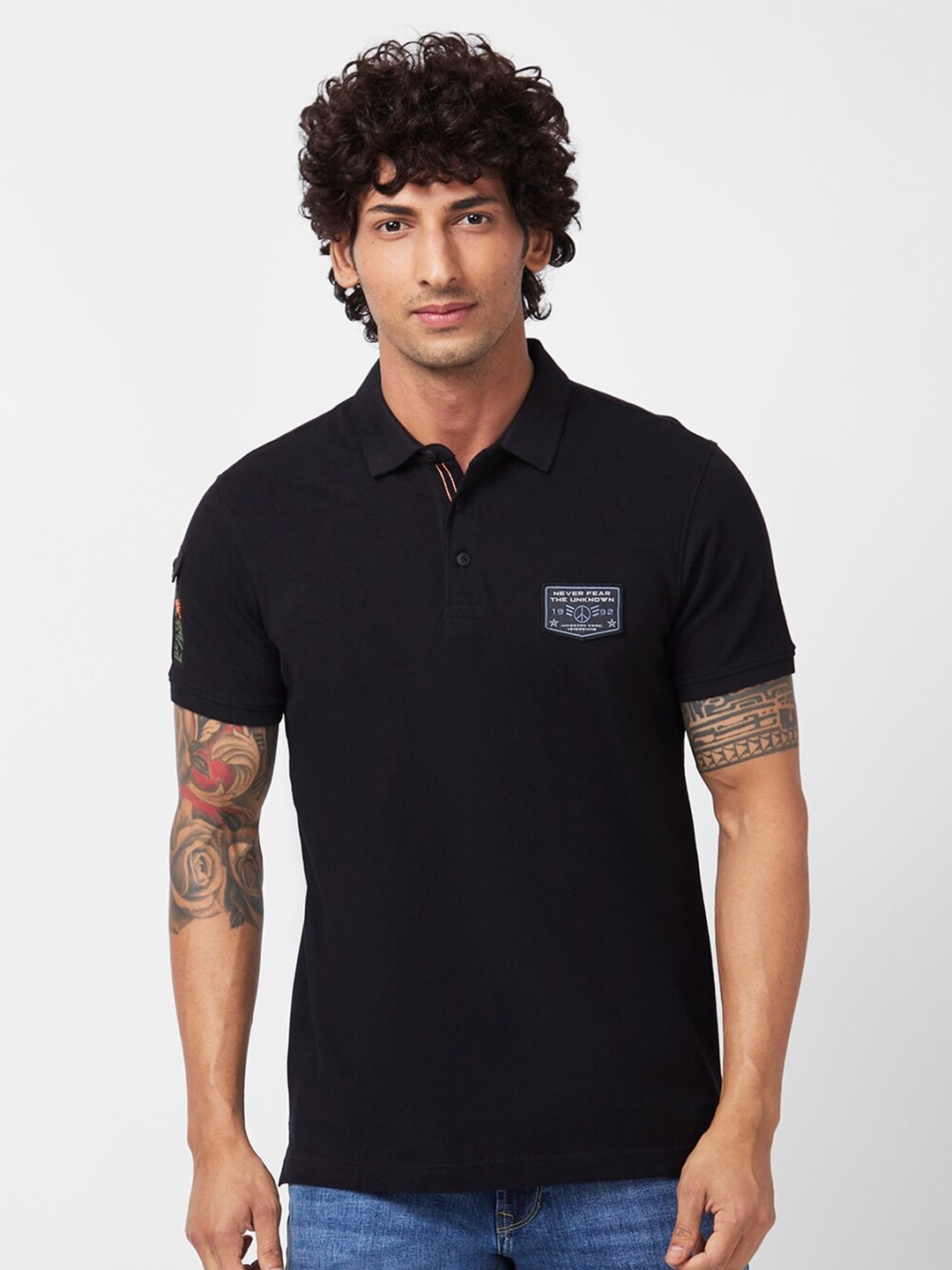

SPYKAR Polo Collar Applique Slim Fit Cotton Casual T-Shirt, Black