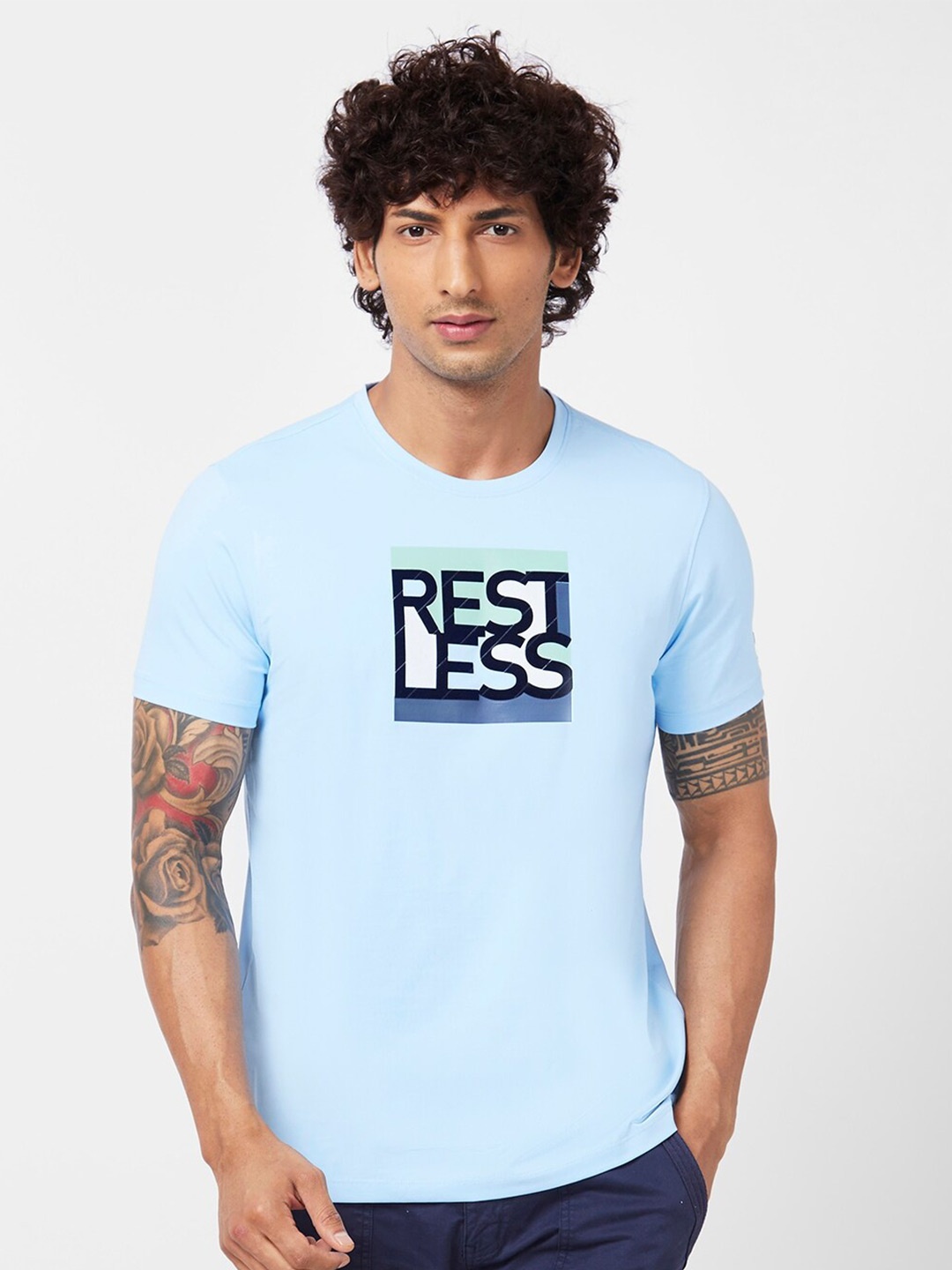 

SPYKAR Typography Printed Round Neck Cotton Slim Fit T-shirt, Blue