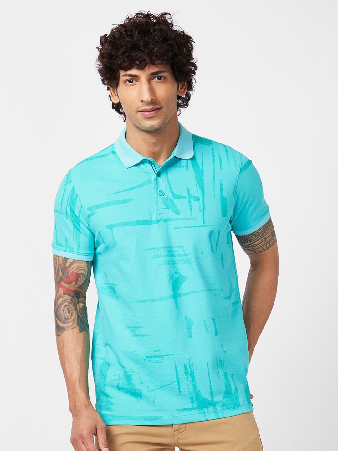 

SPYKAR Abstract Printed Polo Collar Cotton Slim Fit T-shirt, Green