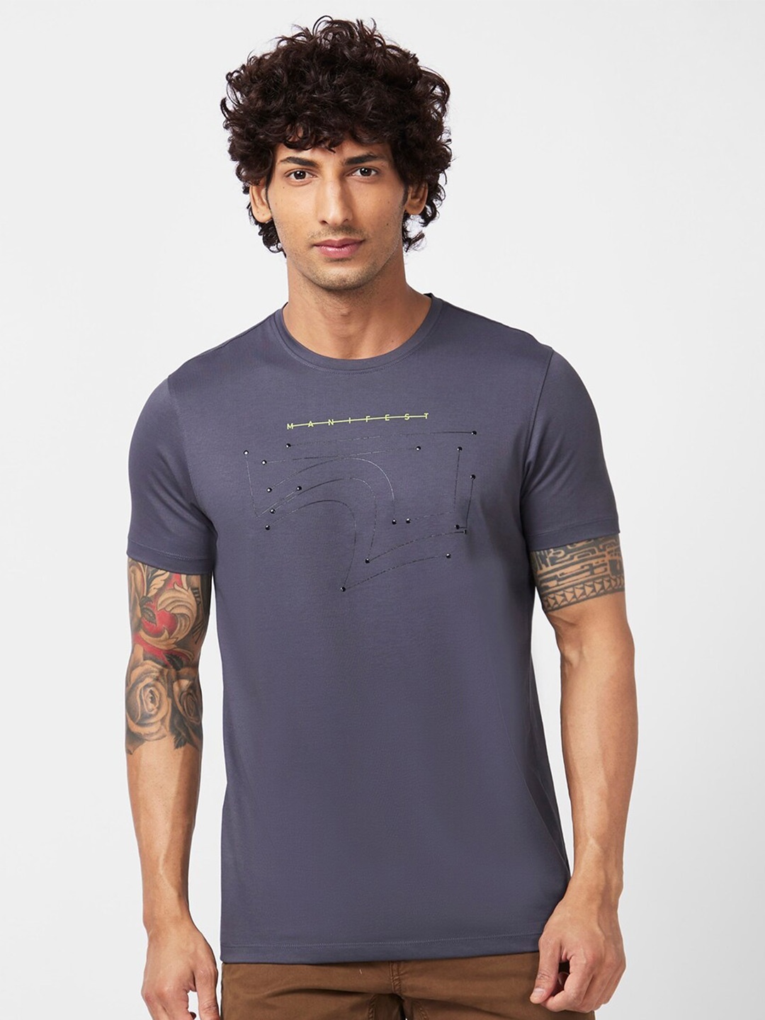 

SPYKAR Round Neck Cotton Embellished Slim Fit T-shirt, Grey