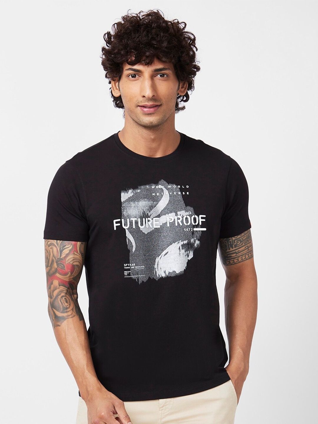 

SPYKAR Graphic Printed Round neck Cotton Slim Fit T-shirt, Black