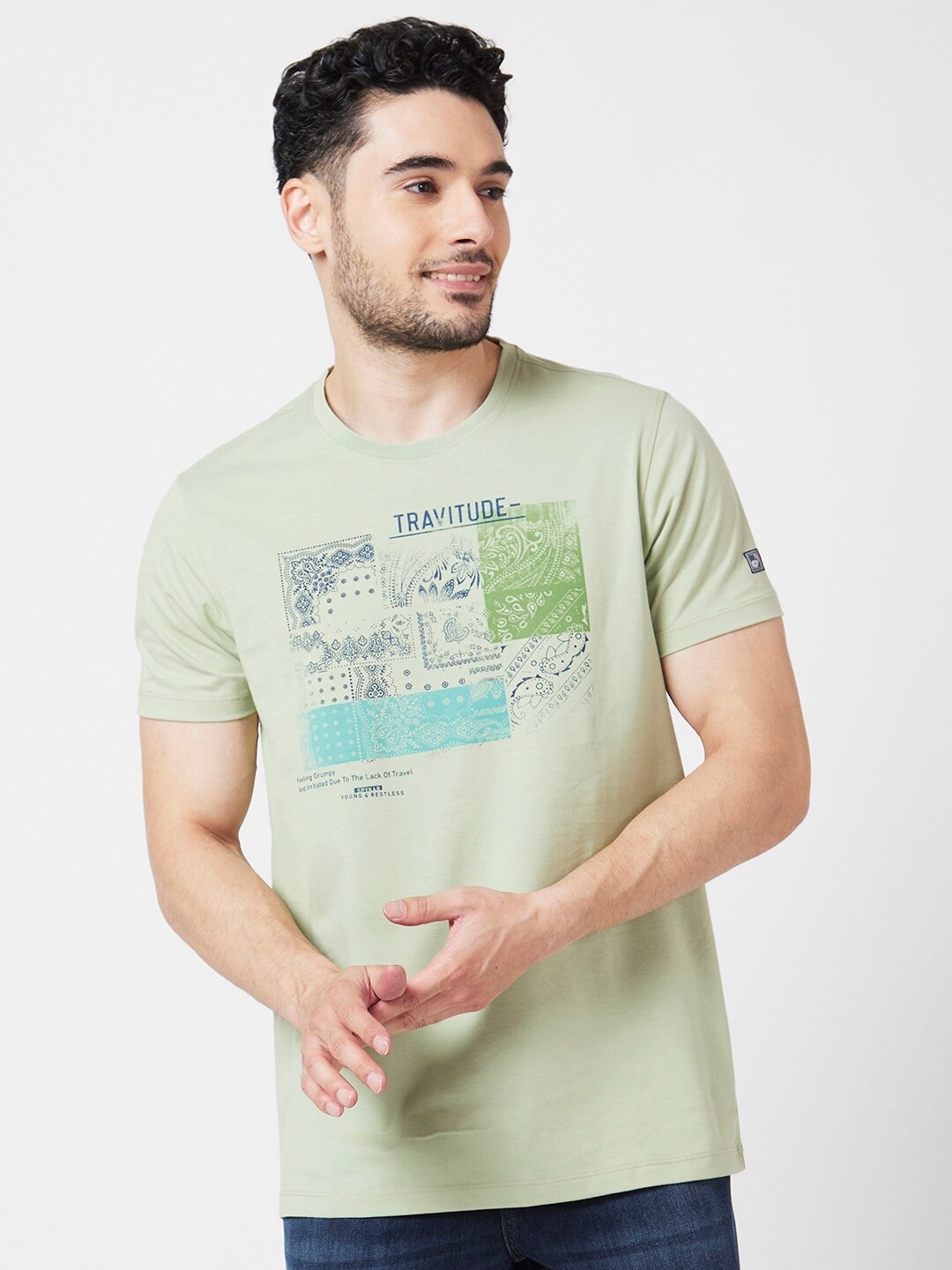 

SPYKAR Graphic Printed Round Neck Cotton Slim Fit T-shirt, Green