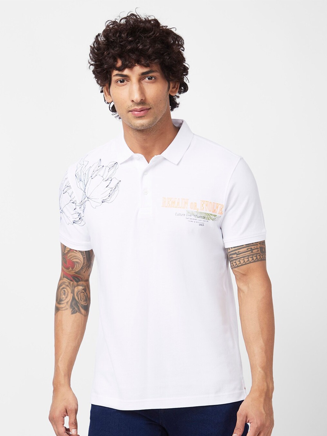 

SPYKAR Floral Printed Polo Collar Cotton T-Shirt, White
