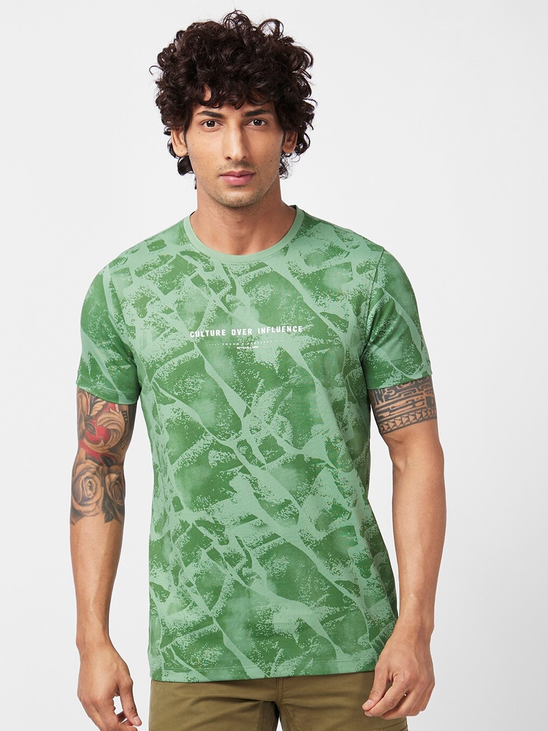 

SPYKAR Abstract Printed Cotton T-Shirt, Green