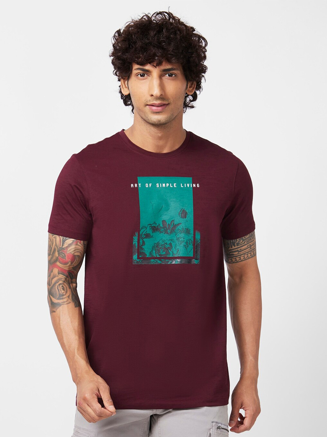 

SPYKAR Graphic Printed Slim Fit Cotton T-Shirt, Maroon