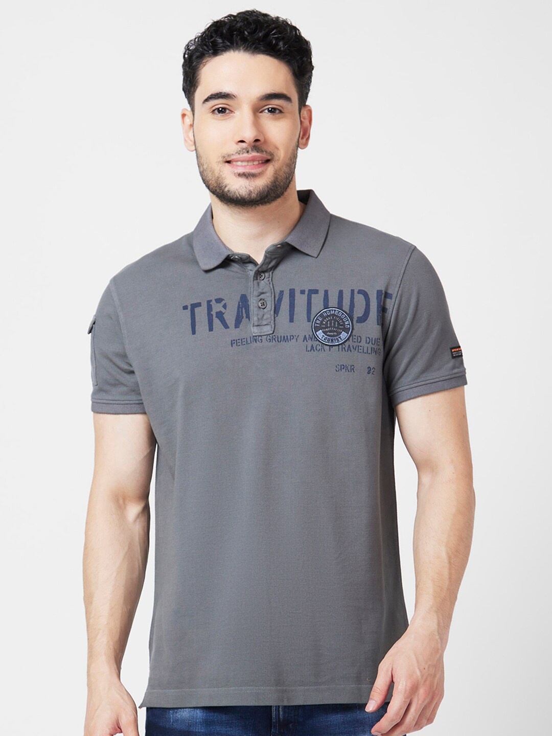 SPYKAR Typography Printed Polo Collar Slim Fit Cotton T-Shirt, Grey
