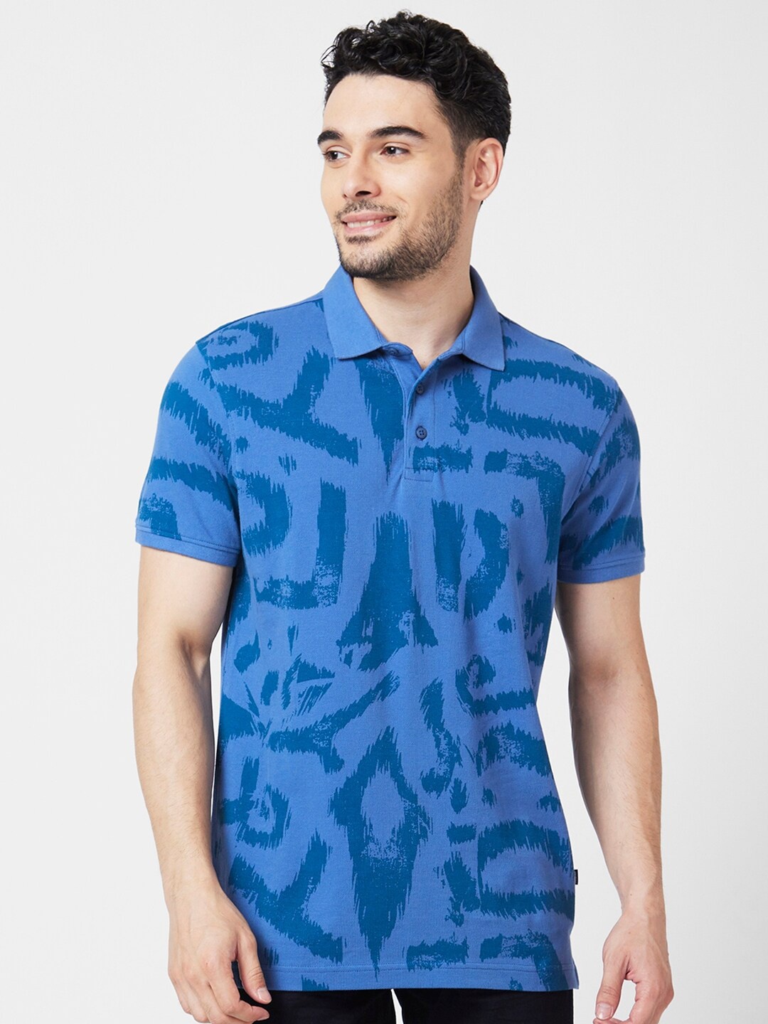 

SPYKAR Abstract Printed Polo Collar Slim Fit Cotton T-Shirt, Blue