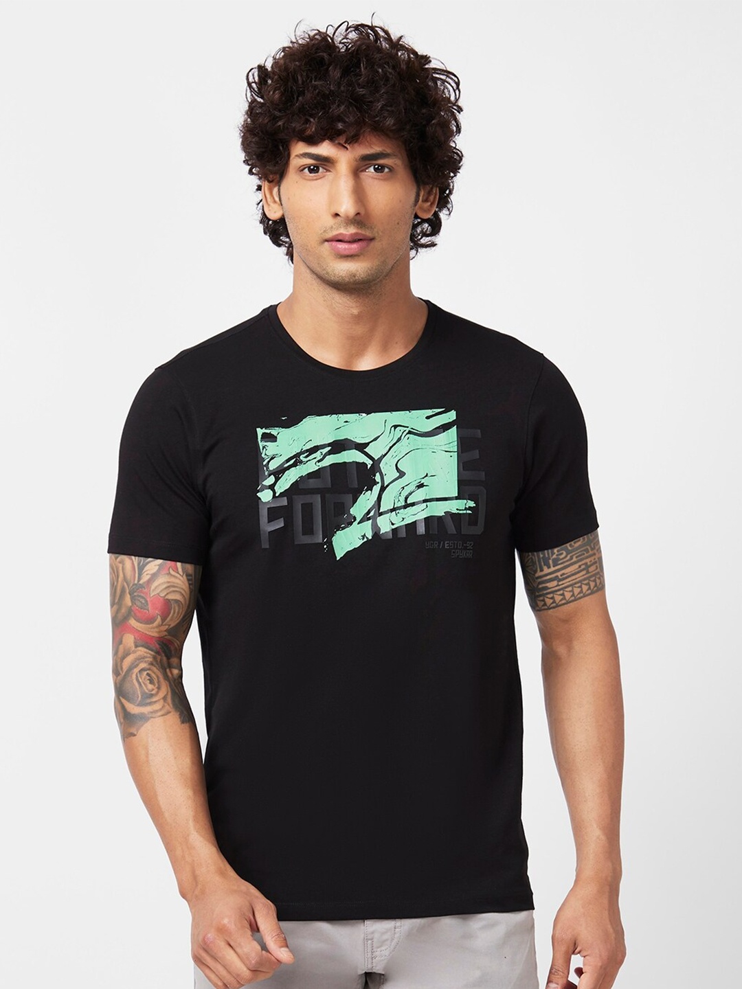 

SPYKAR Graphic Printed Slim Fit Cotton T-Shirt, Black