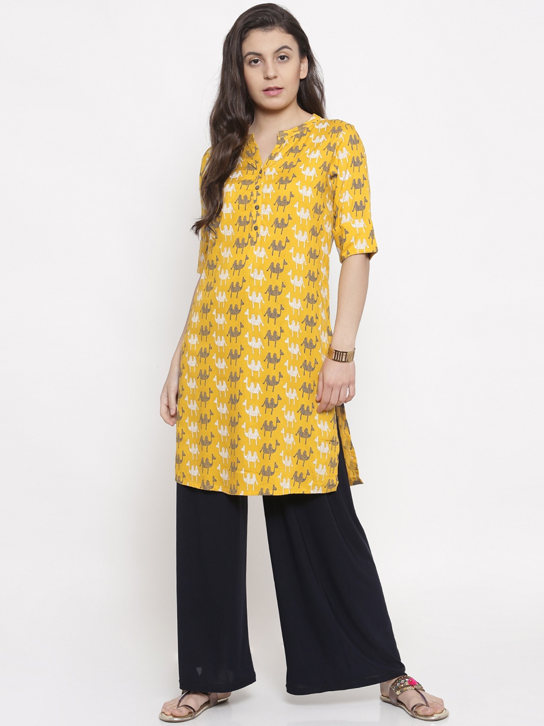

Global Desi Women Mustard Yellow & White Printed Straight Kurta