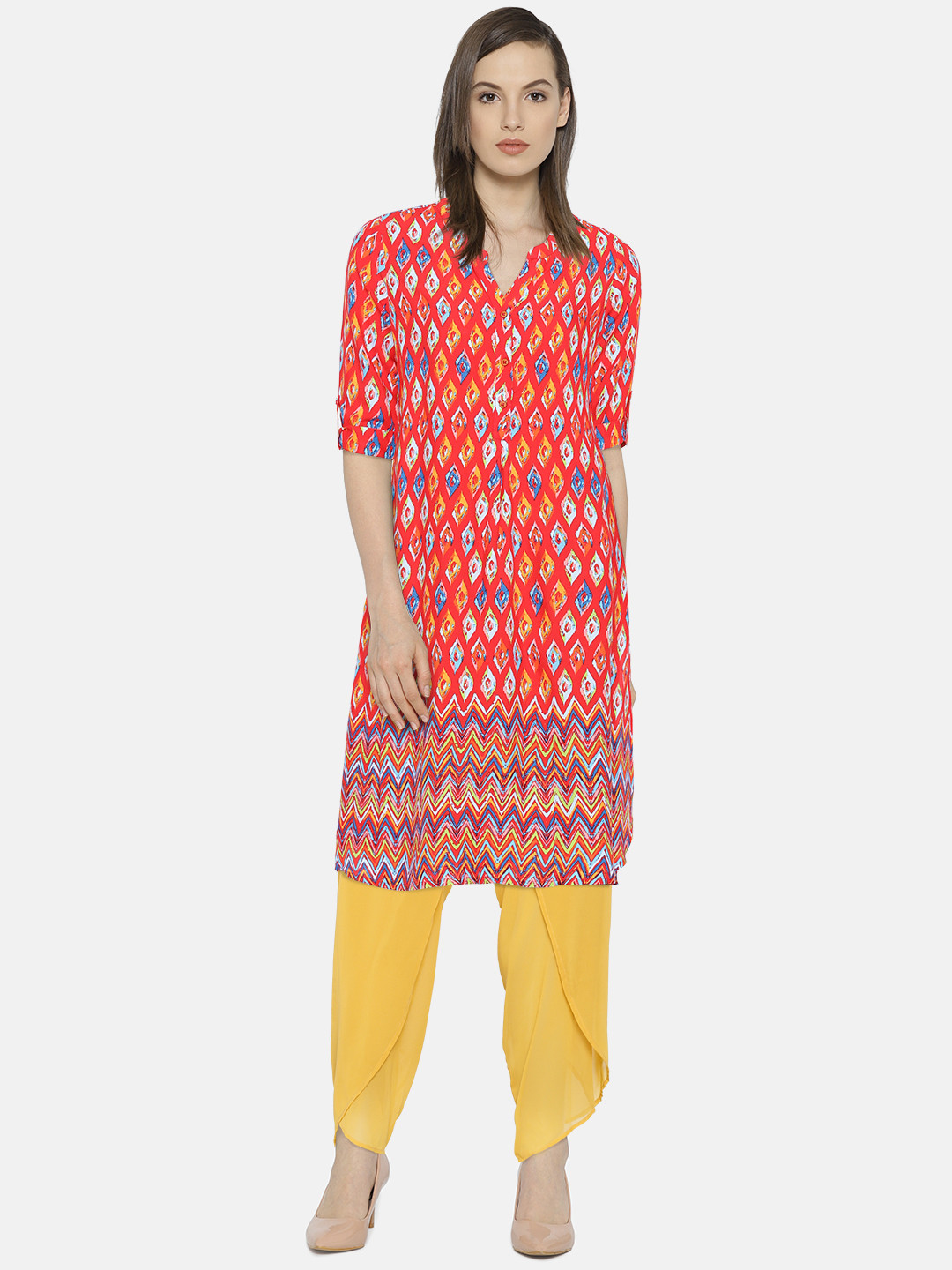 

Global Desi Women Red & Blue Printed Straight Kurta