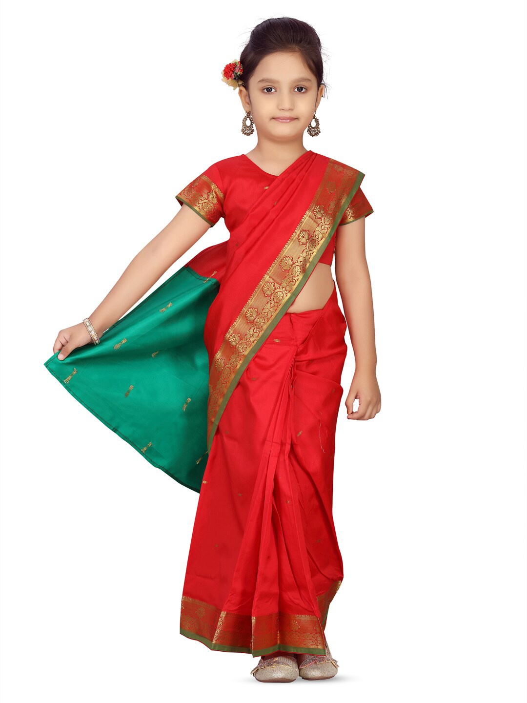 

BAESD Girls Ethnic Motifs Woven Design Zari Ready To Wear Baluchari Saree, Red