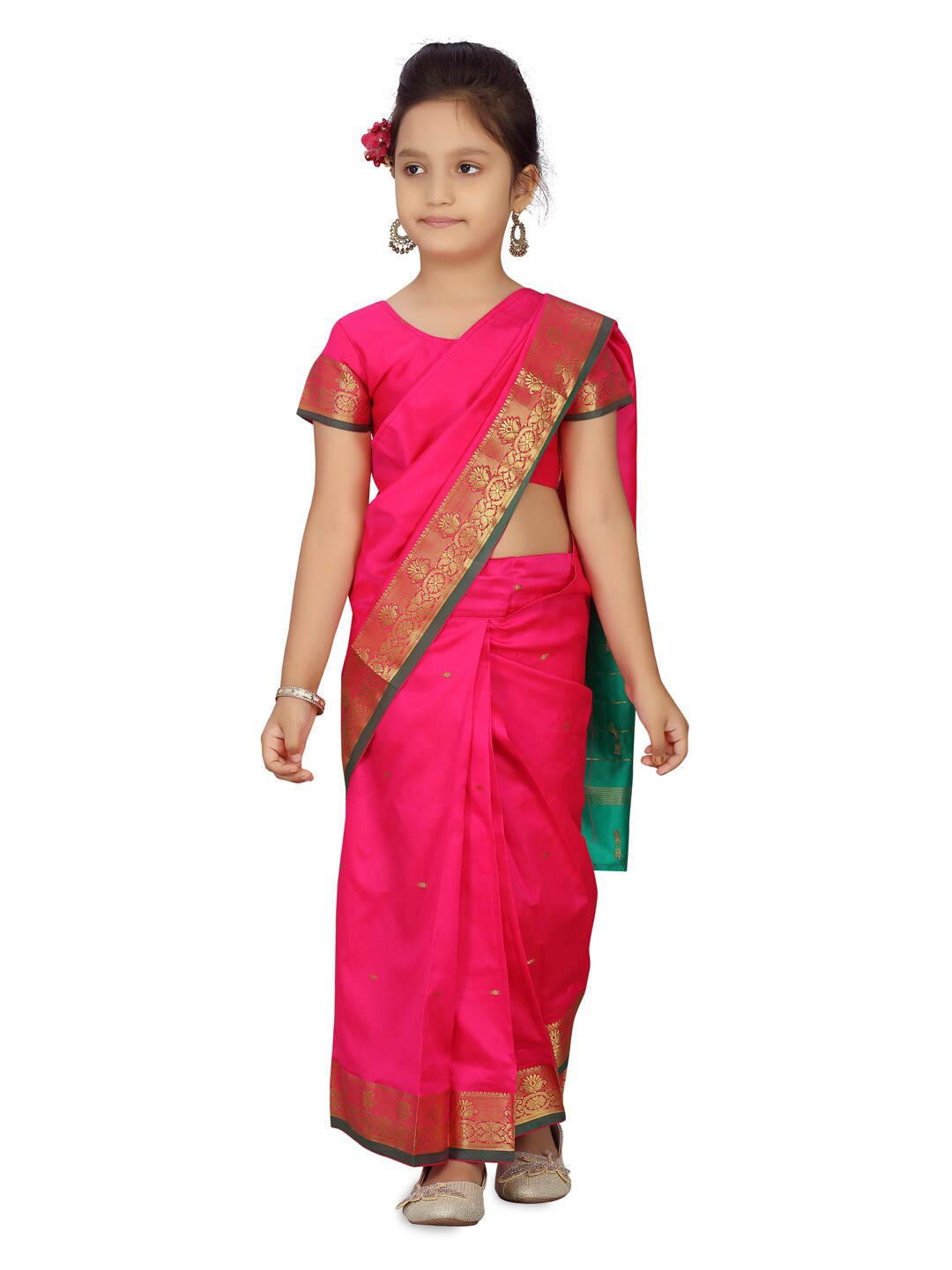 

BAESD Girls Ethnic Motifs Woven Design Zari Ready To Wear Baluchari Saree, Pink