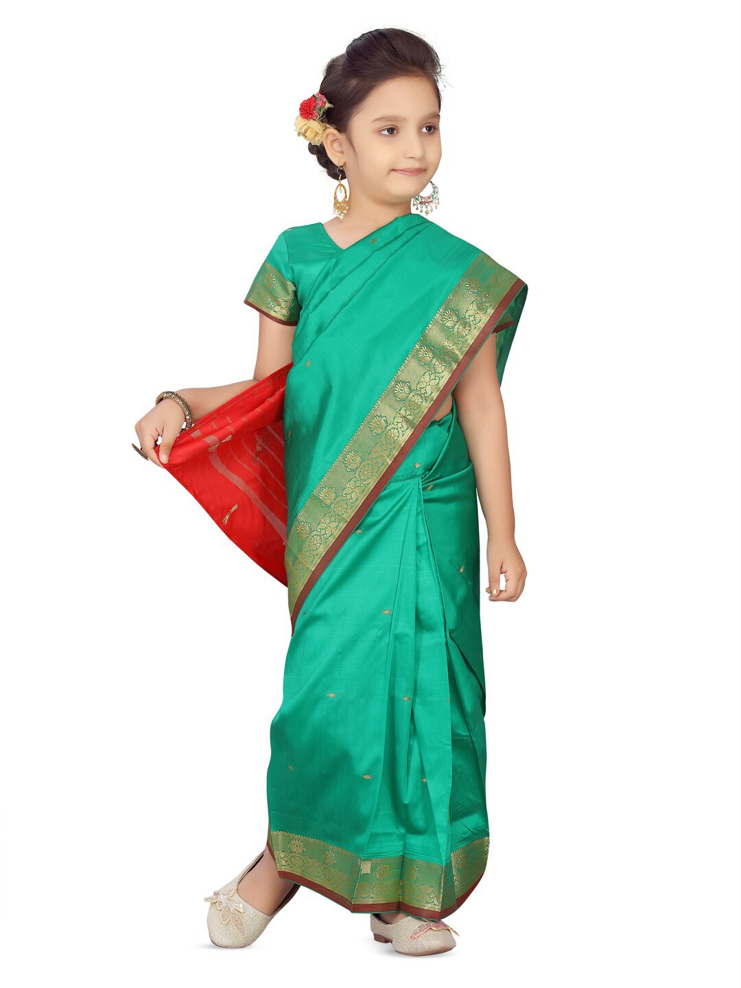 

BAESD Girls Ethnic Motifs Woven Design Zari Ready To Wear Baluchari Saree, Green