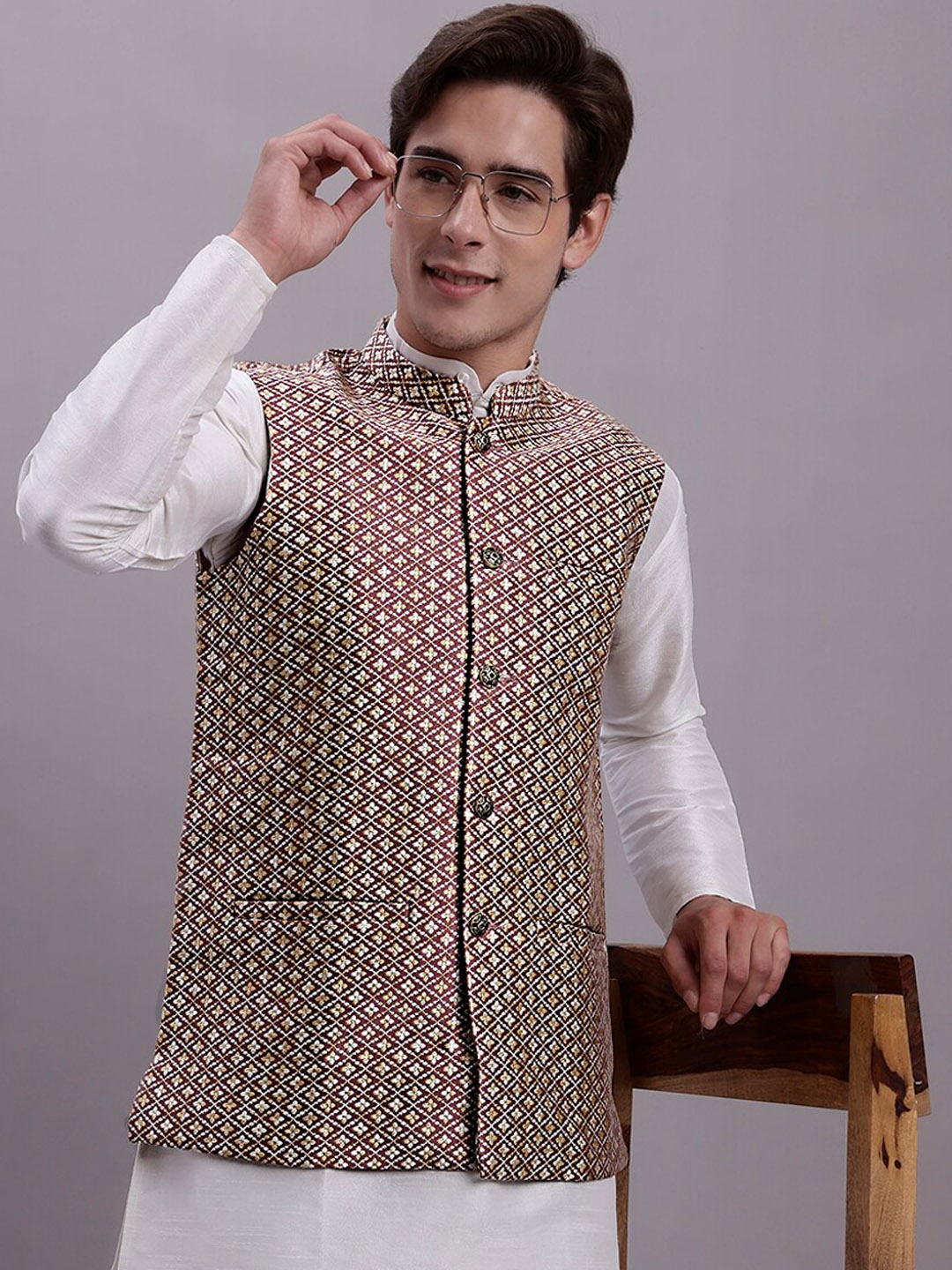 

Jompers Woven Design Mandarin Collar Nehru Jacket, Peach