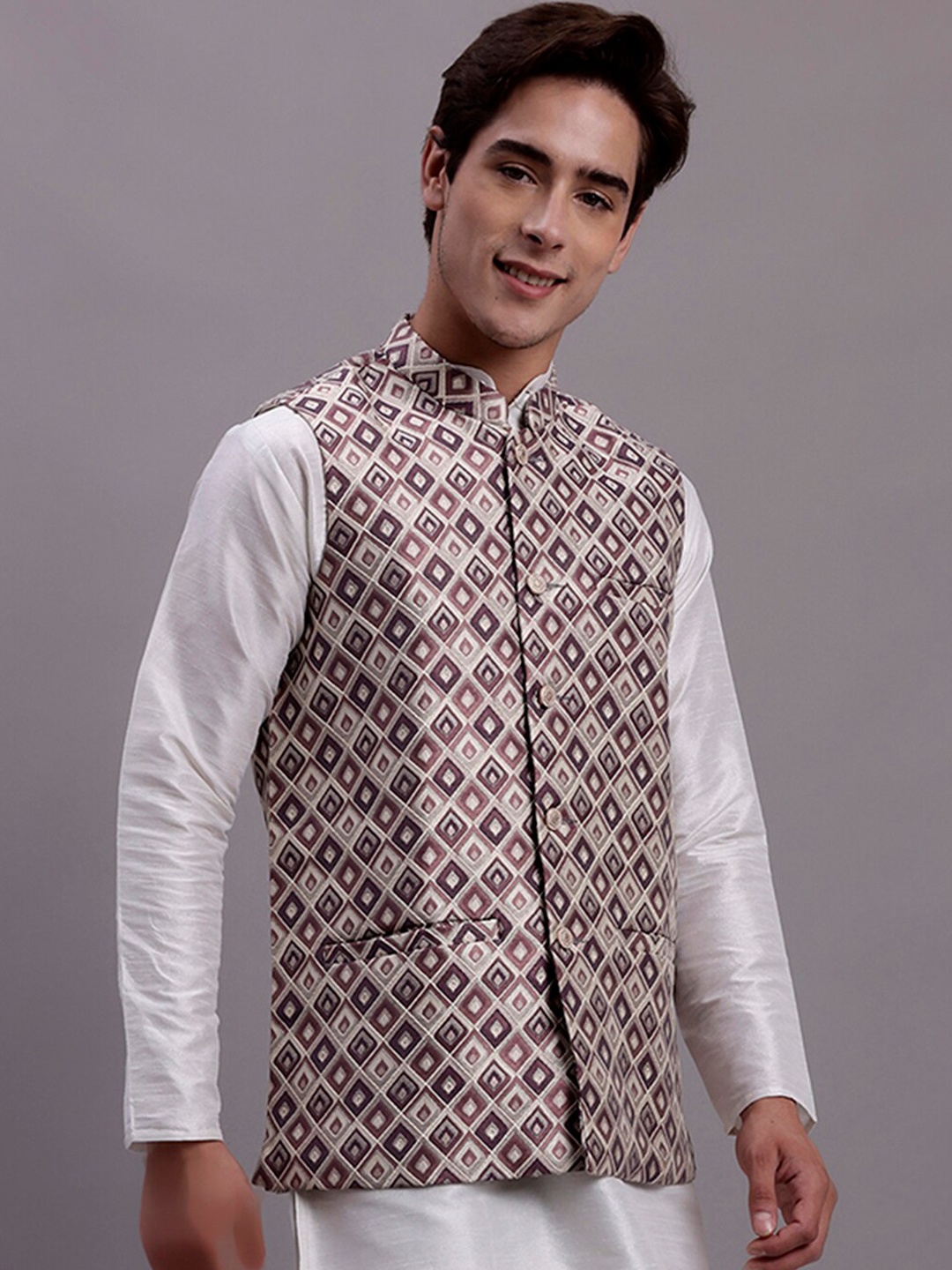 

Jompers Ethnic Motifs Woven Design Nehru Jacket, White