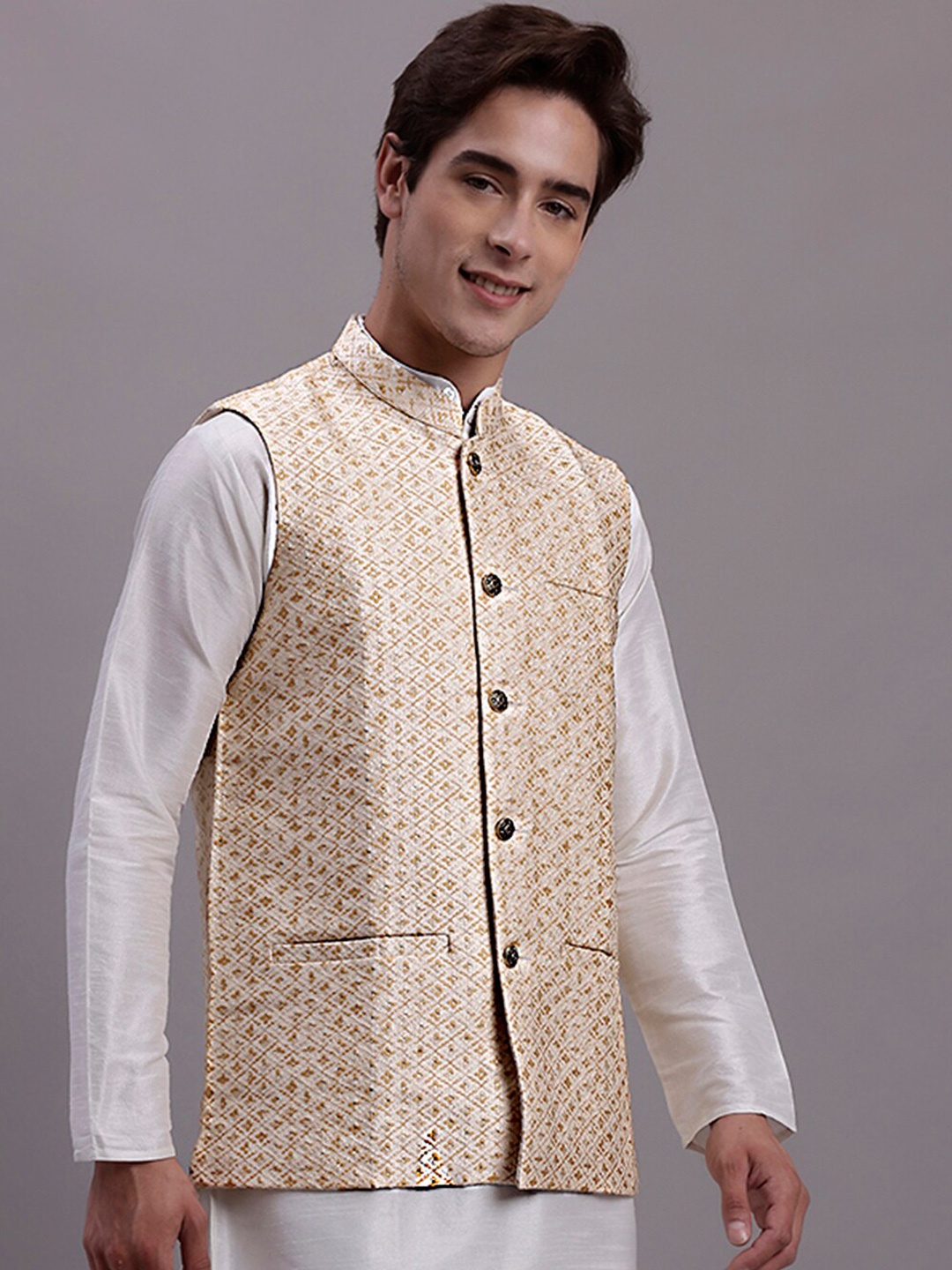 

Jompers Ethnic Motifs Woven Design Nehru Jacket, Cream