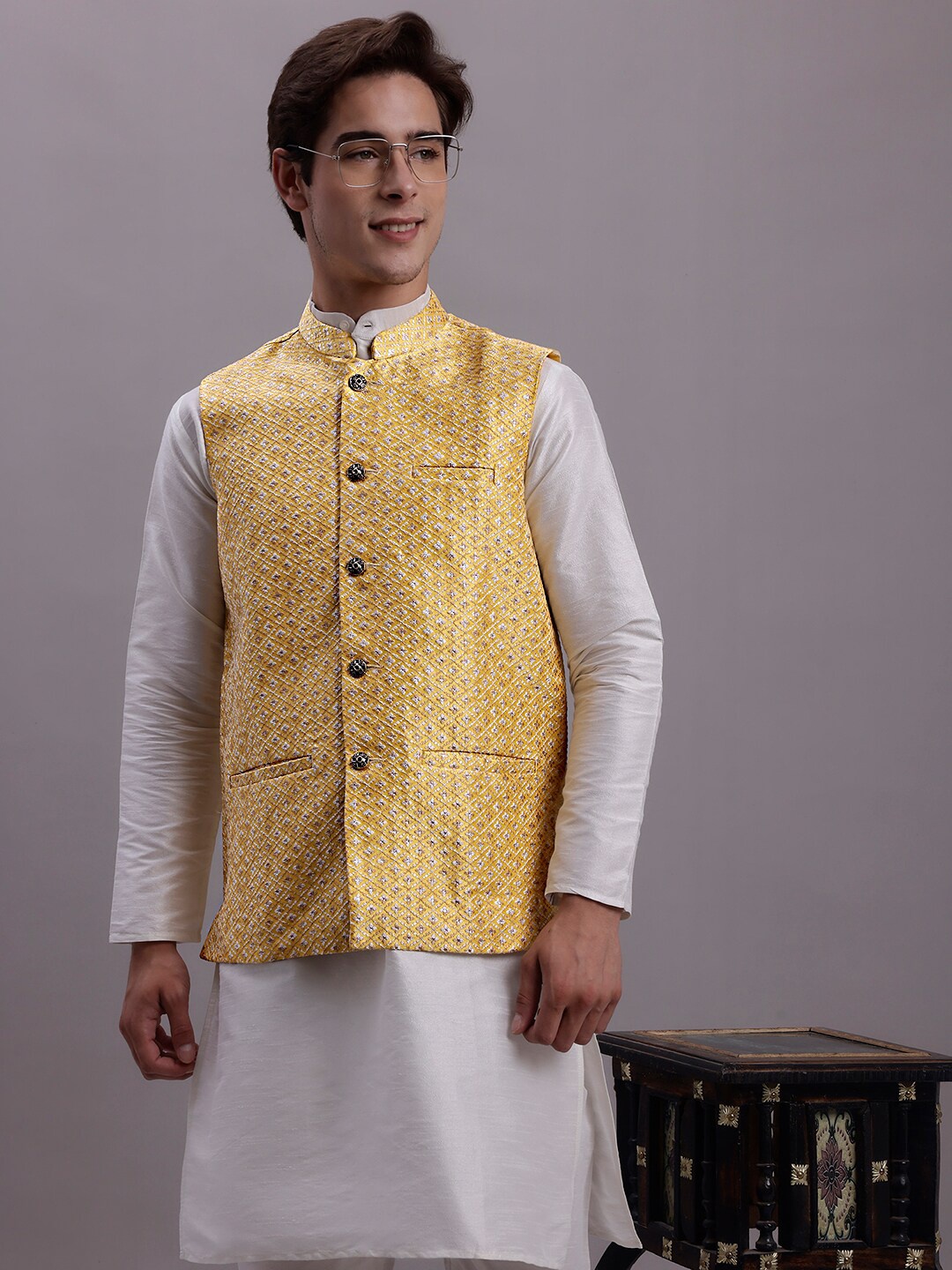 

Jompers Ethnic Motifs Woven Design Nehru Jacket, Gold