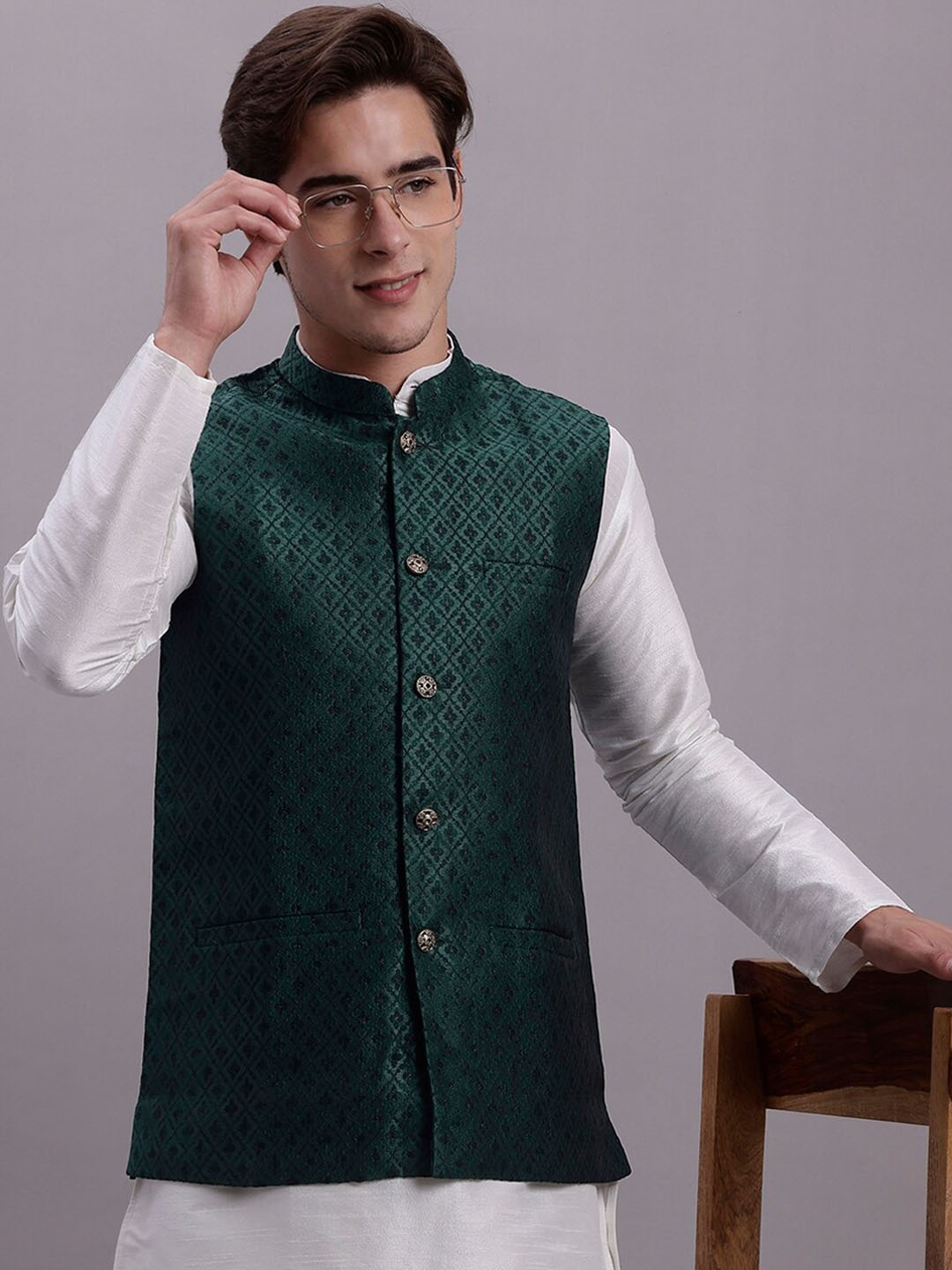 

Jompers Woven Design Nehru Satin Jackets, Green