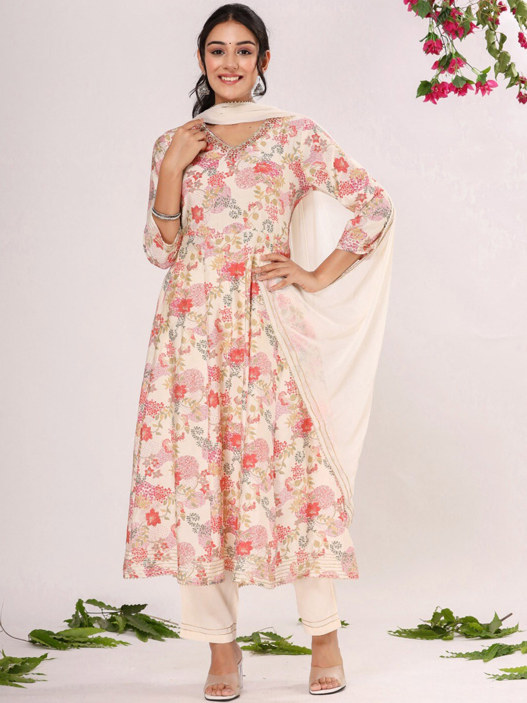 

ZARI Floral Printed Sequinned Anarkali Kurta & Trousers With Dupatta, Cream