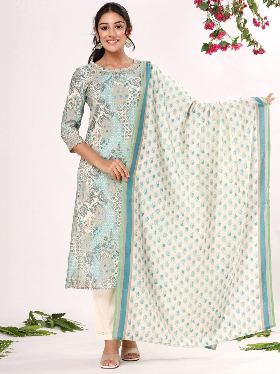 

ZARI Ethnic Motifs Printed Beads and Stones Kurta & Trousers With Dupatta, Green