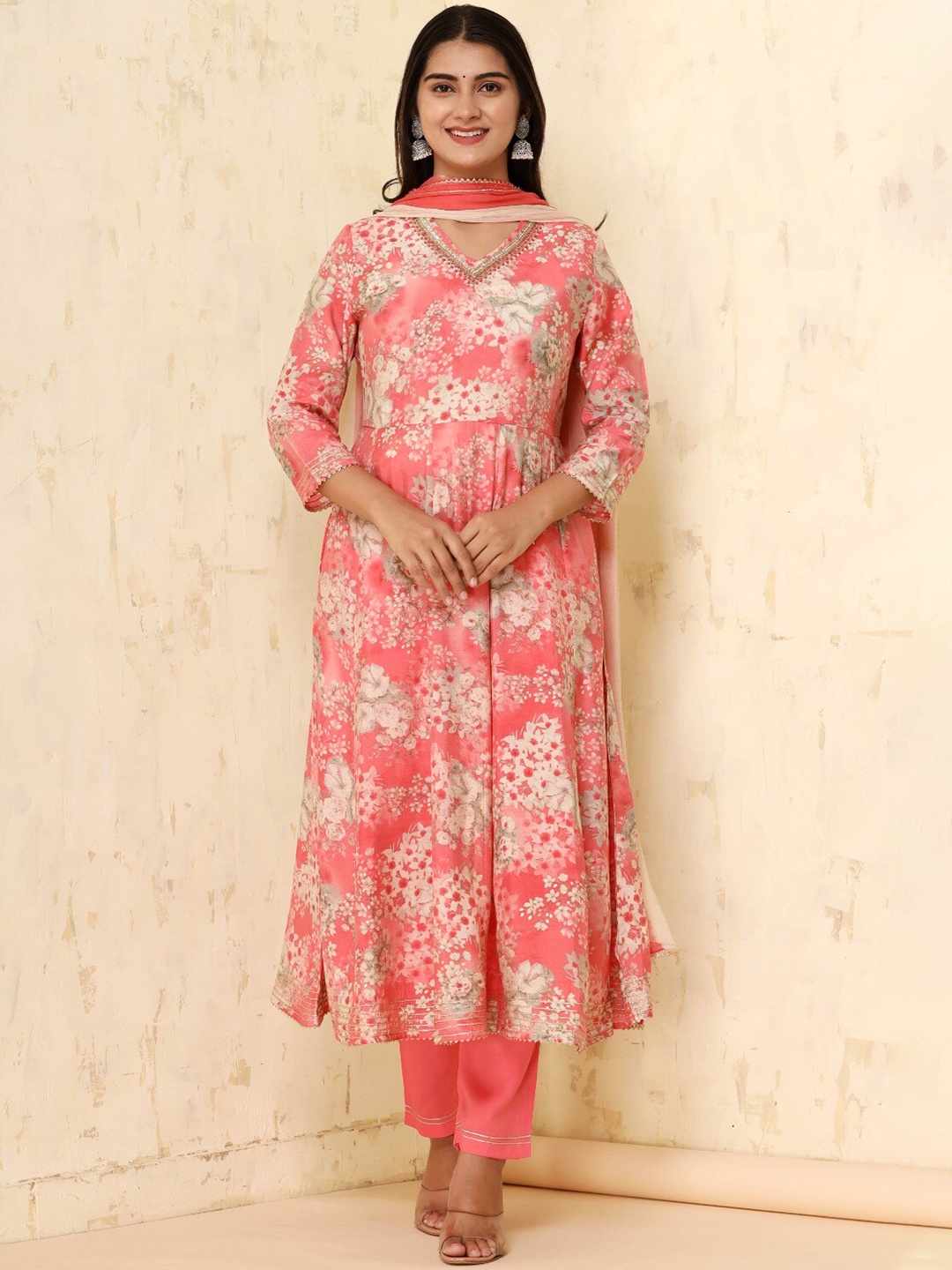

ZARI Floral Printed Sequinned Anarkali Kurta & Trousers With Dupatta, Pink