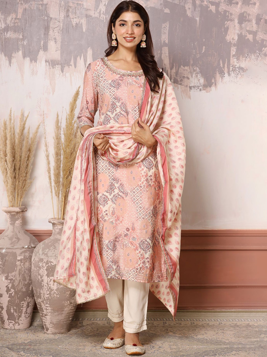 

ZARI Ethnic Motifs Printed Beads and Stones Kurta & Trousers With Dupatta, Peach