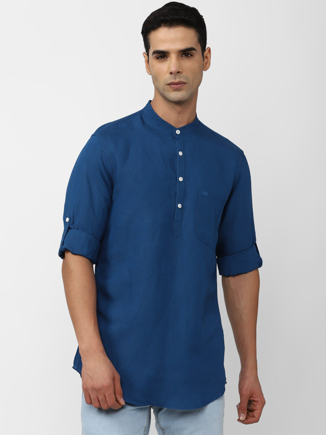 

Peter England Casuals Slim Fit Mandarin Collar Roll-Up Sleeves Casual Shirt, Blue