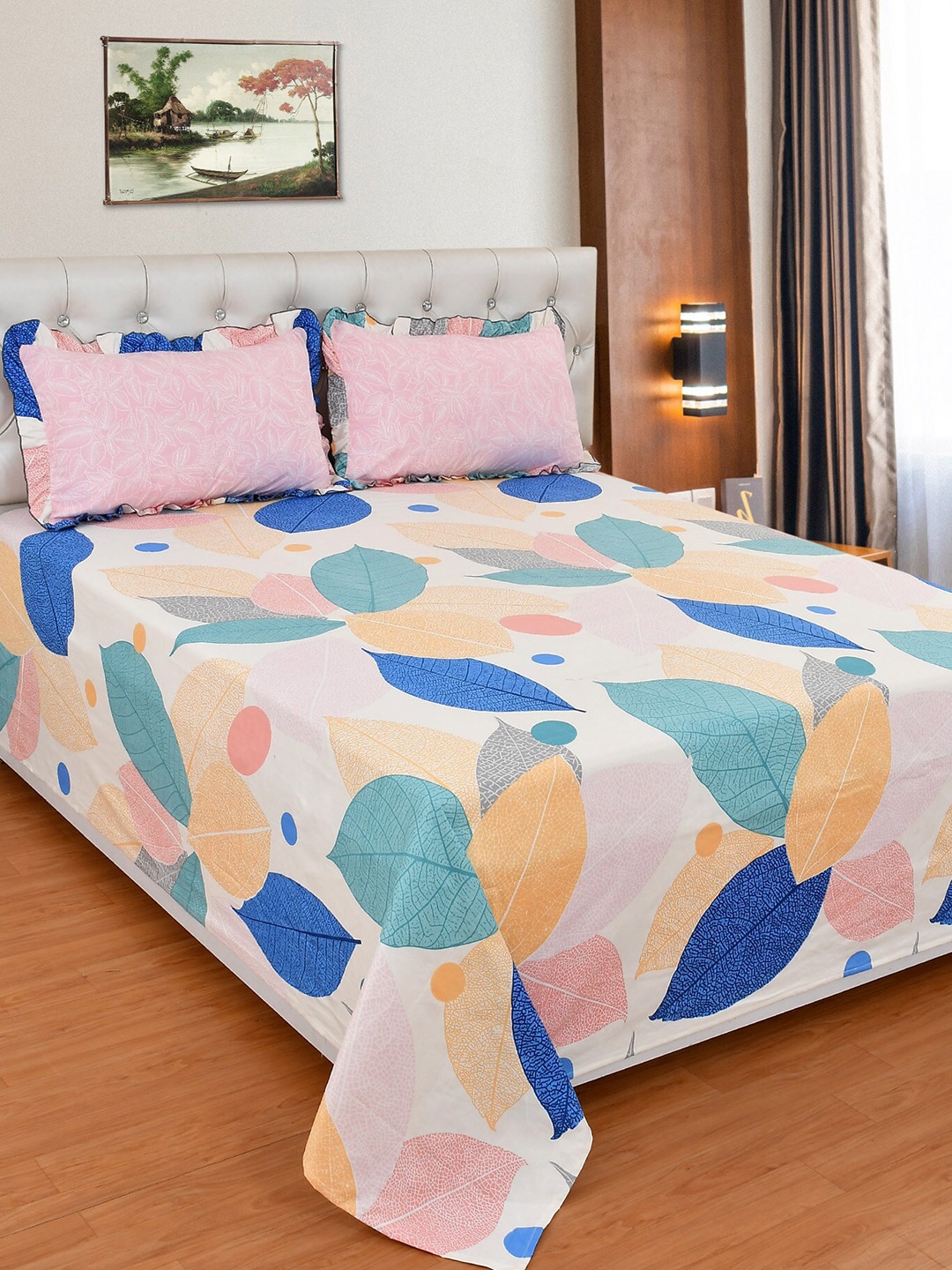 

MORADO Blue & Orange Floral Polycotton 210 TC King Bedsheet With 2 Pillow Covers